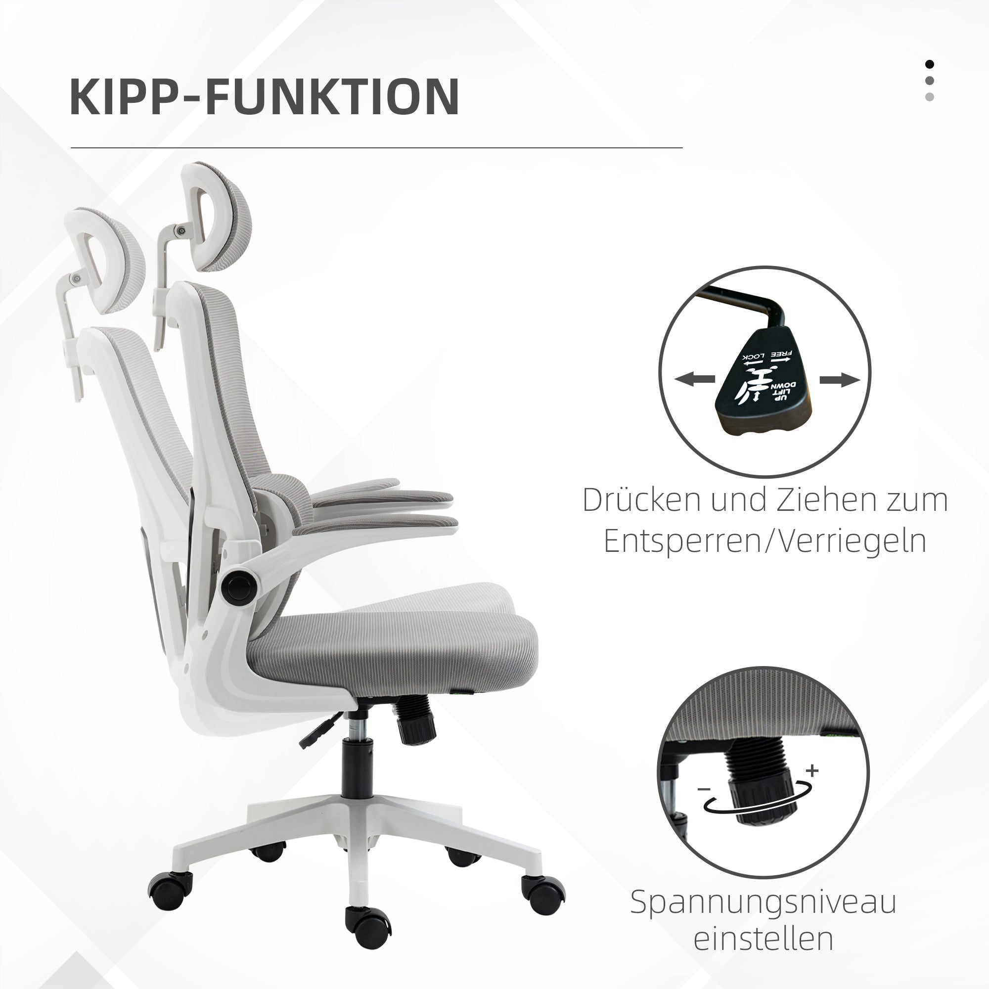 Ergonomic Office Chair - Adjustable Height, Headrest, Lumbar Support, Rocking Function - Mesh Gray