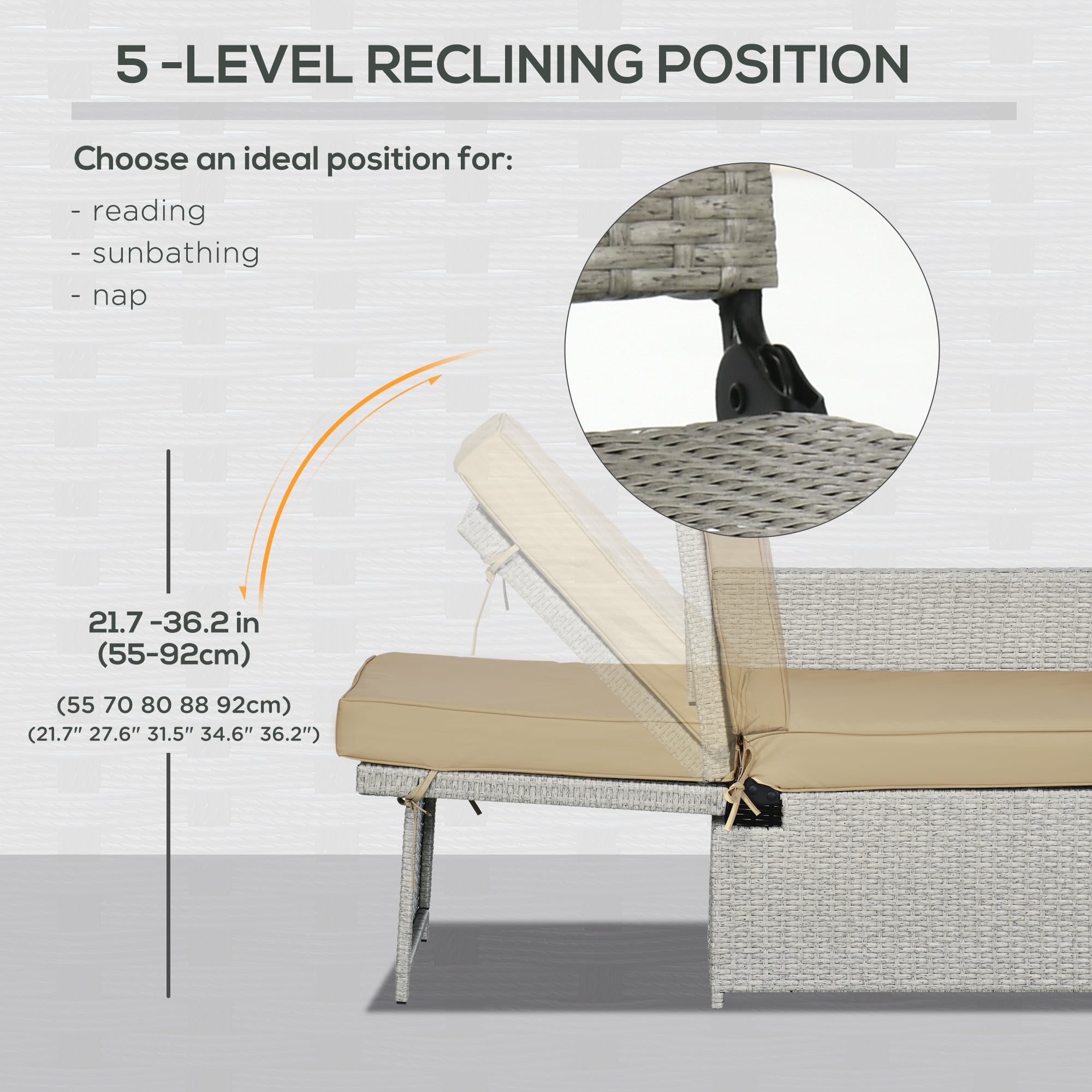5PC Sun Lounger Set, 5-Level Adjustable Recliner with Storage Side Table & Footstools, PE Rattan Wicker, Beige