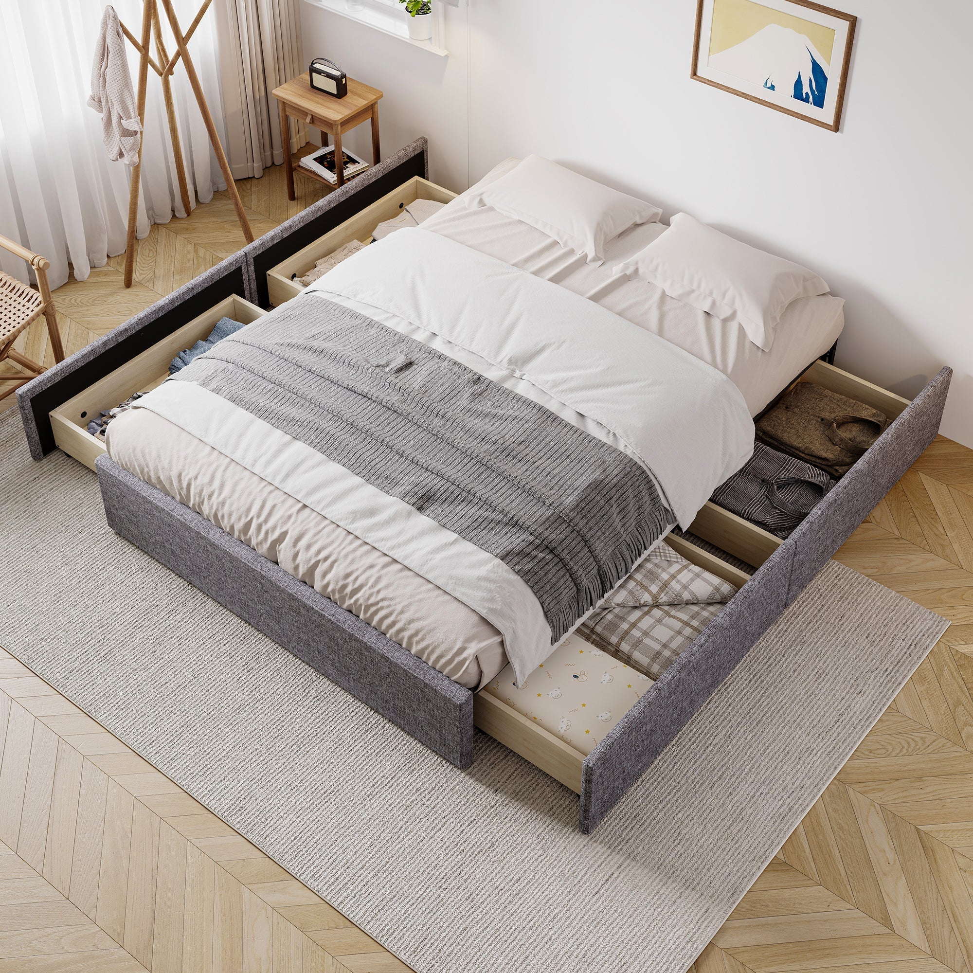 Storage Bed, Upholstered 4ft6 Double Bed with 4 Drawers, Iron Legs, Linen+Iron, Grey