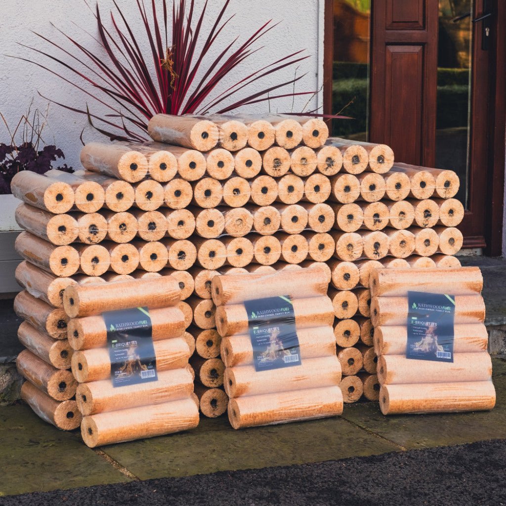 E - Briquettes and Two Bags of Kindling Pallet Delivery - 300kg (30 x 10kg Packs) - Rathwood Store