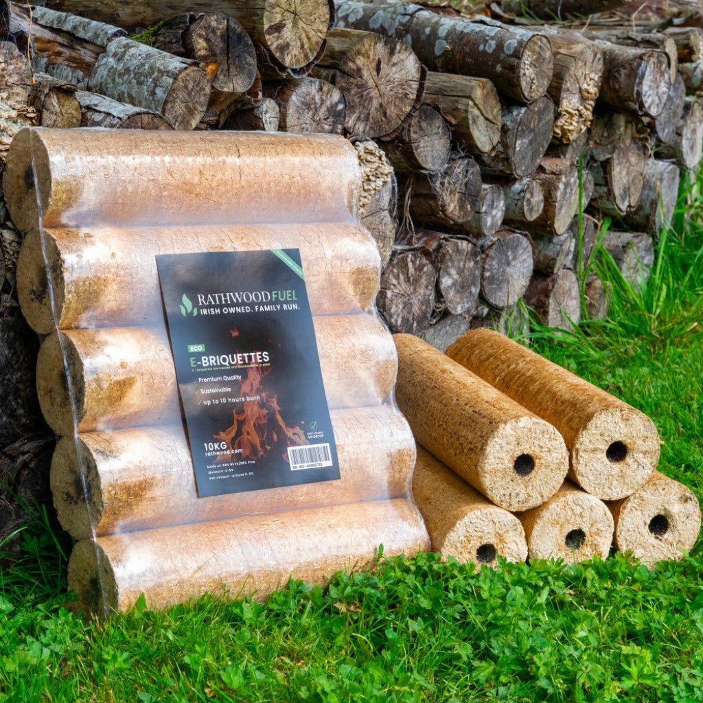 E - Briquettes and Two Bags of Kindling Pallet Delivery - 300kg (30 x 10kg Packs) - Rathwood Store
