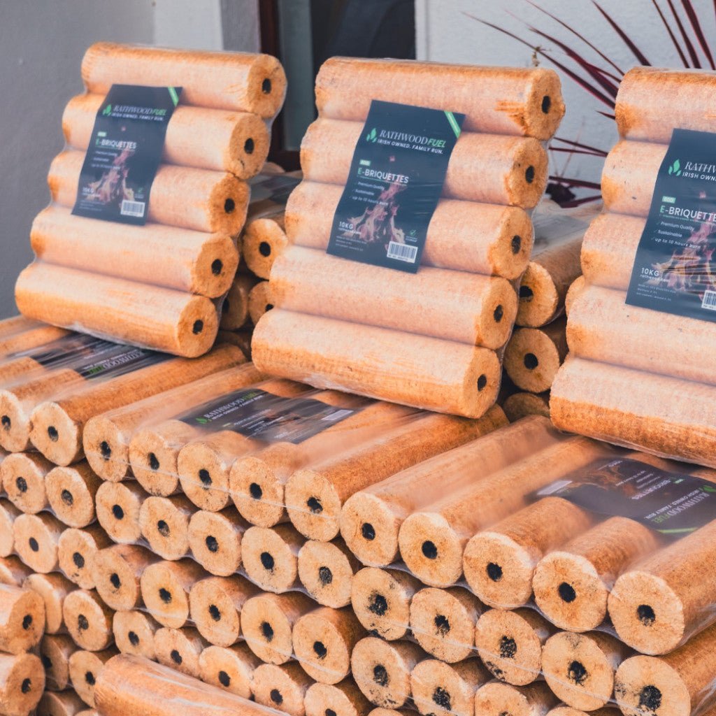 E - Briquettes and Two Bags of Kindling Pallet Delivery - 600kg (60 x 10kg Packs) - Rathwood Store
