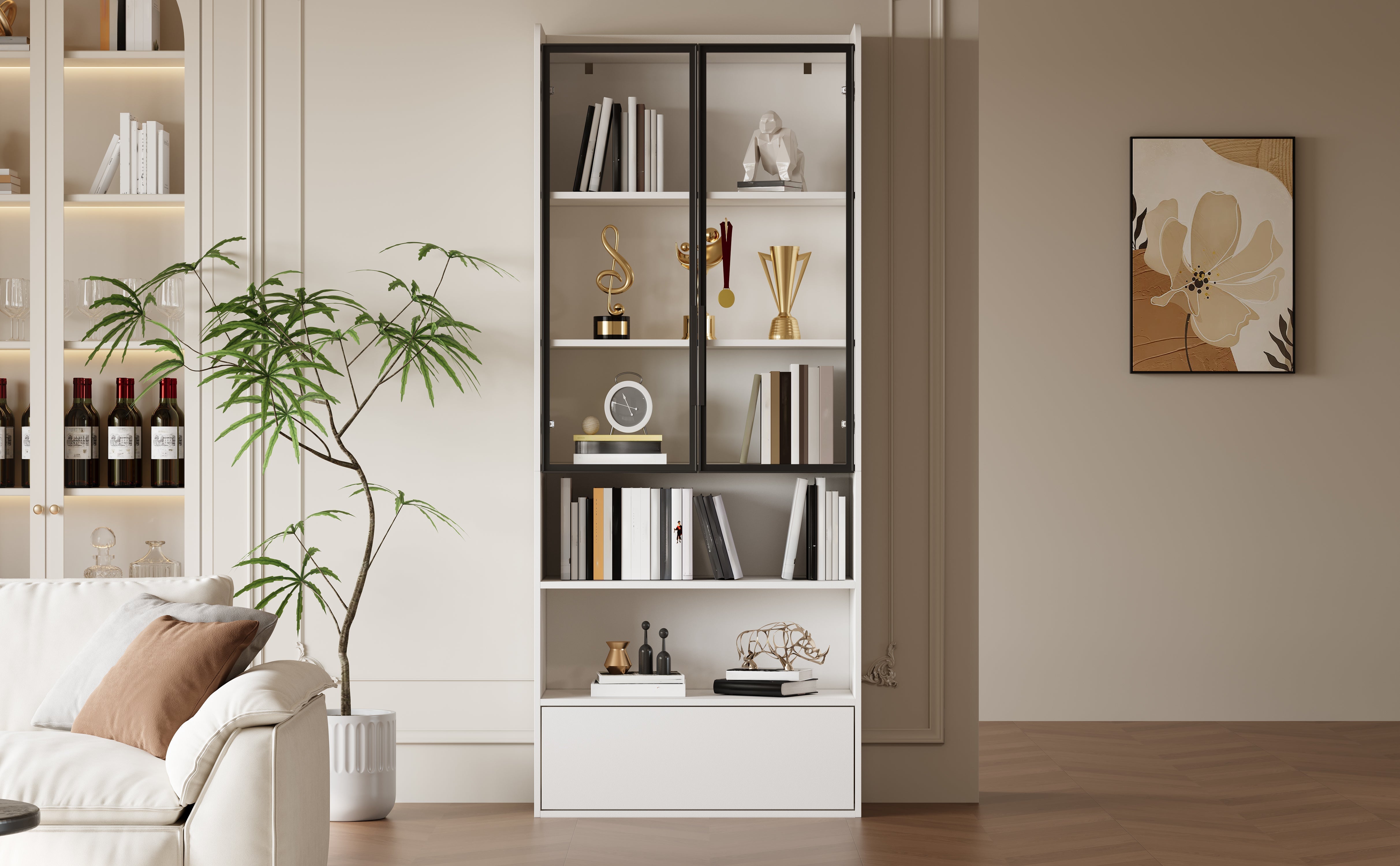 Display Cabinet 80x34x180cm Tall with 1 Drawer Glass Doors LED Lighting White