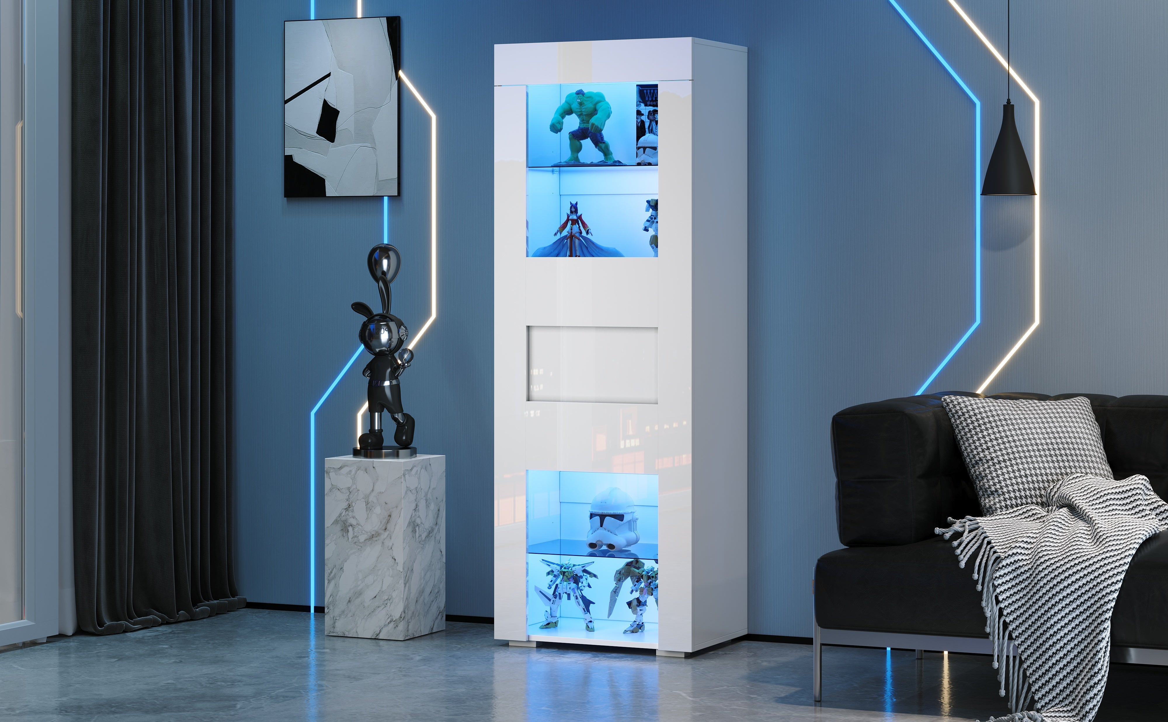 Cabinet High-Gloss Display Storage with LED Lighting, 2 Glass Shelves, White