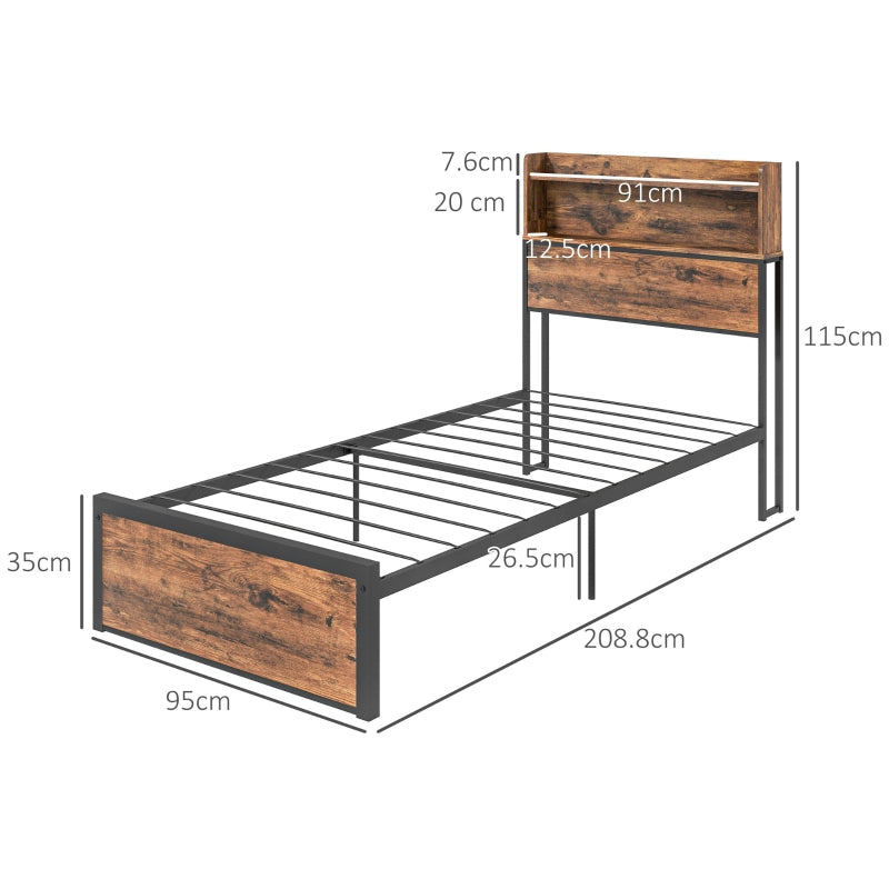 Industrial Single Bed Frame, Steel Base with Storage Headboard and Slats, Rustic Brown