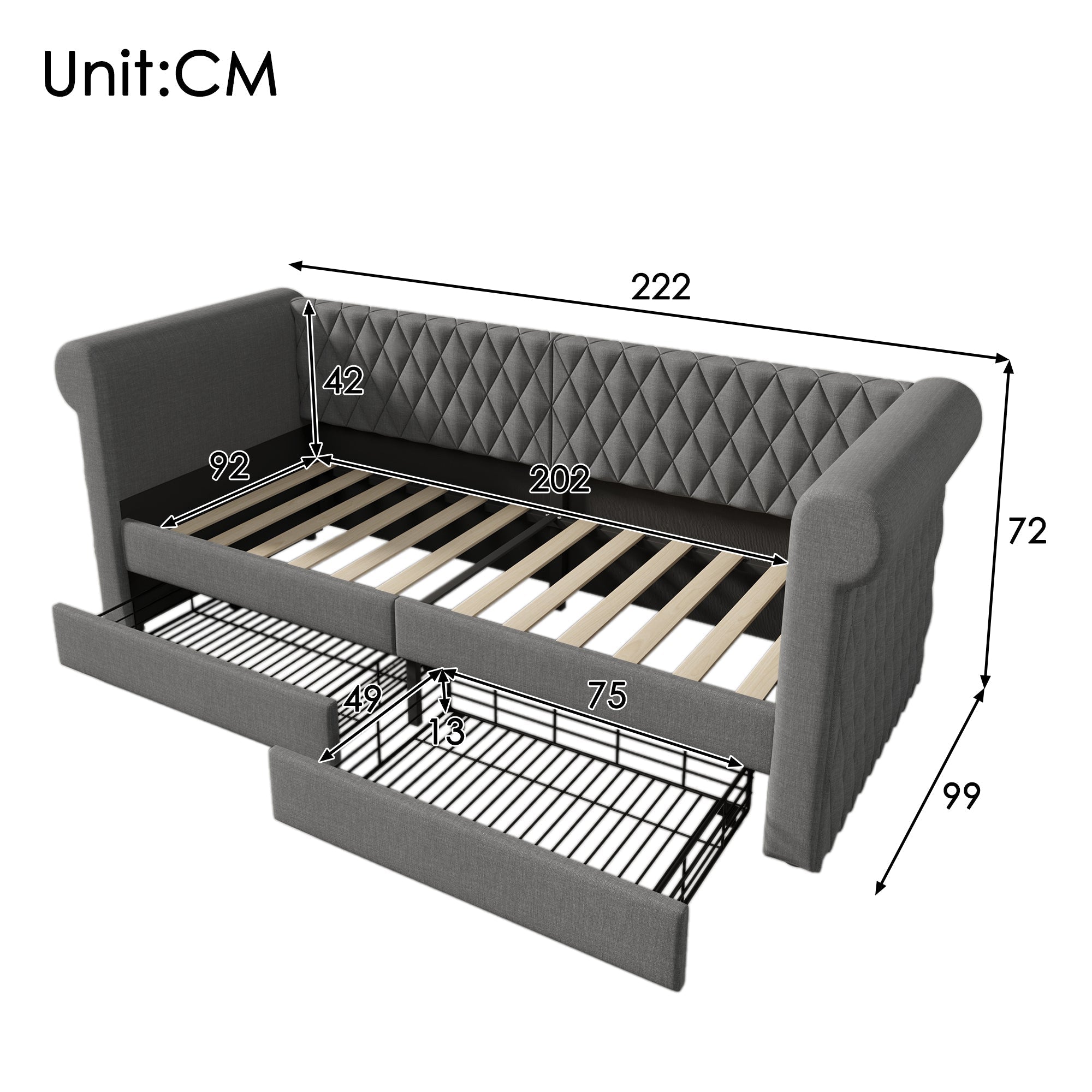Vintage Headboard Upholstered Bed, 90x200 cm Daybed with 2 Storage Drawers, Linen Gray