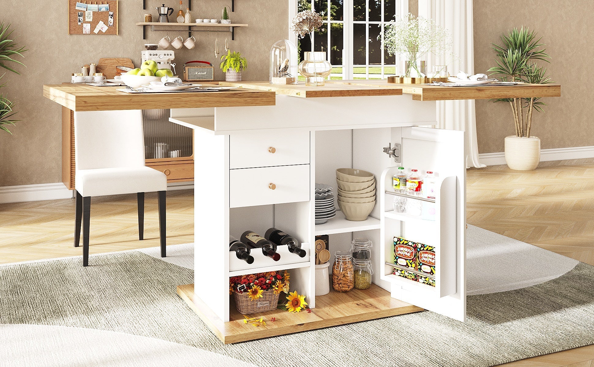 Telescopic Dining Table with Extendable Design and Wine Rack, White