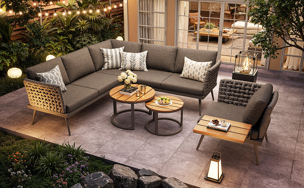 L-Shaped Garden Sofa Set with Coffee Tables and Armchairs, Grey and Beige