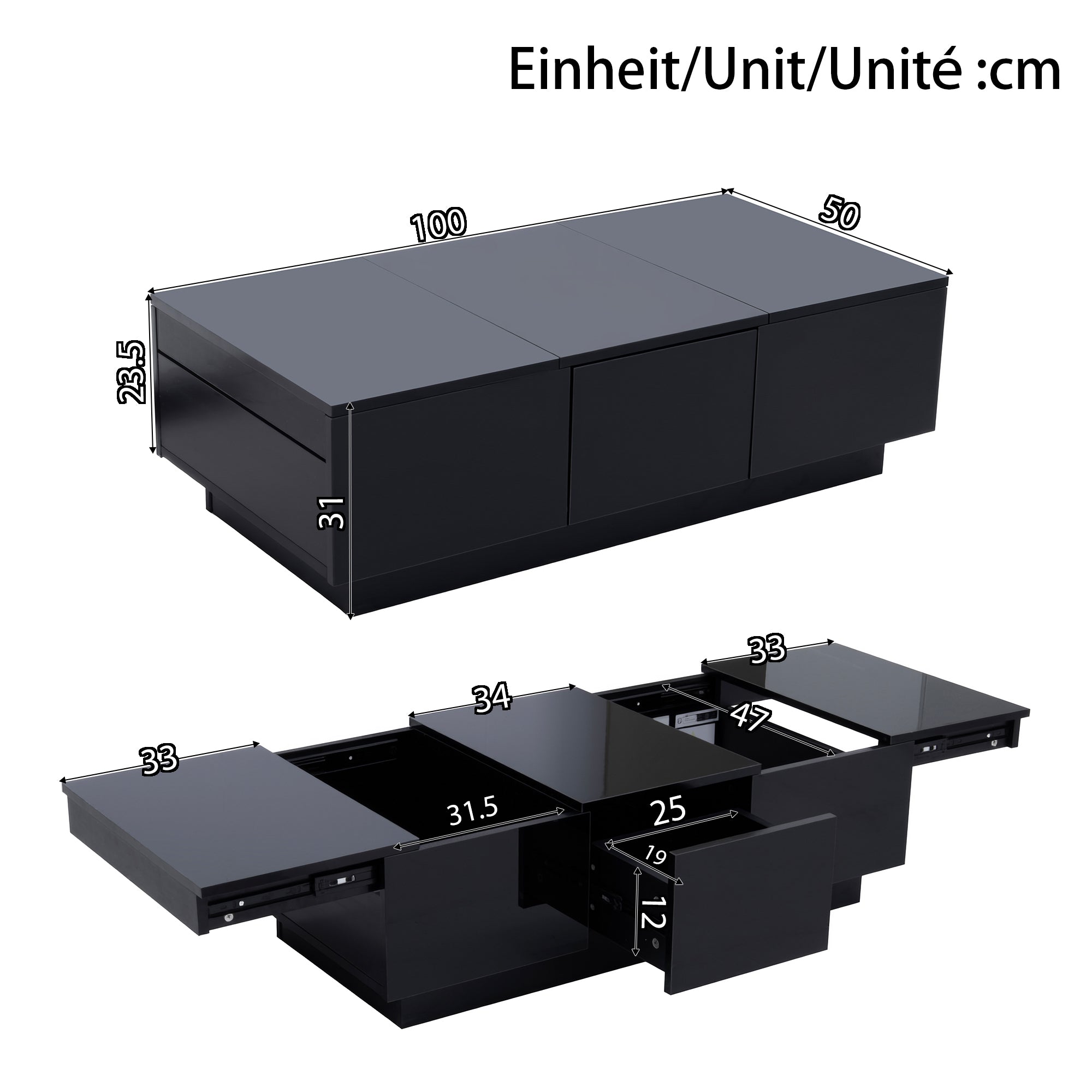 Coffee Table Modern Rectangular High-Gloss with Drawers Sliding Compartment Black