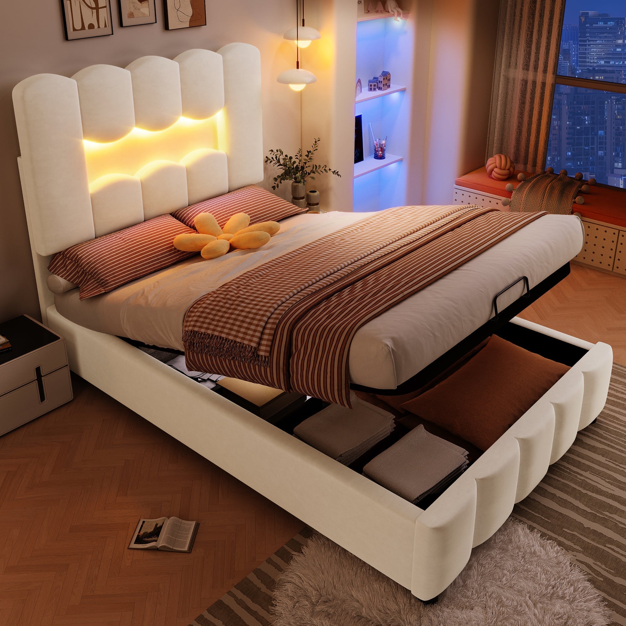 Upholstered Bed 90x200cm Hydraulic LED Adjustable Headboard Beige Velvet
