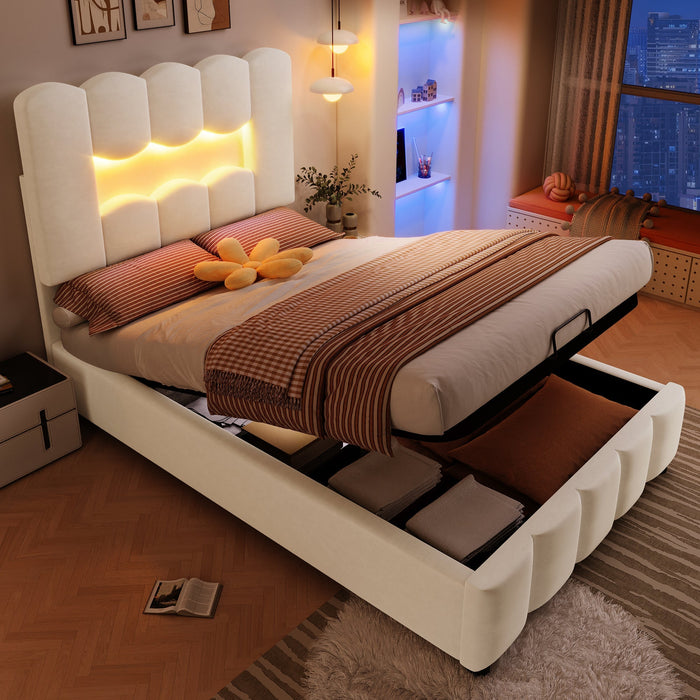 Upholstered Bed 90x200cm Hydraulic LED Adjustable Headboard Beige Velvet