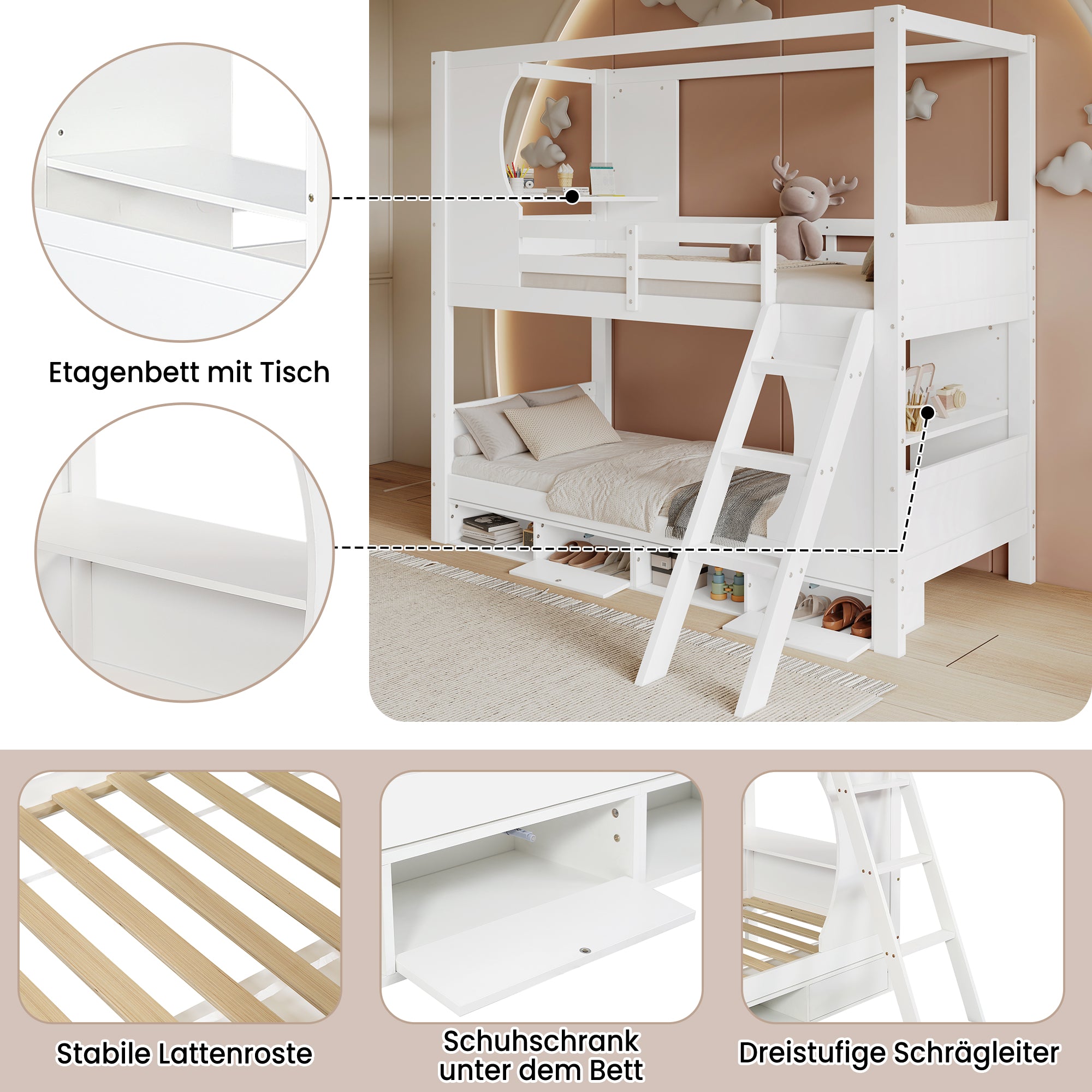 Bunk Bed with Safety Gate, Table, Shoe Cabinet, Ladder, Pine+MDF+Plywood, White