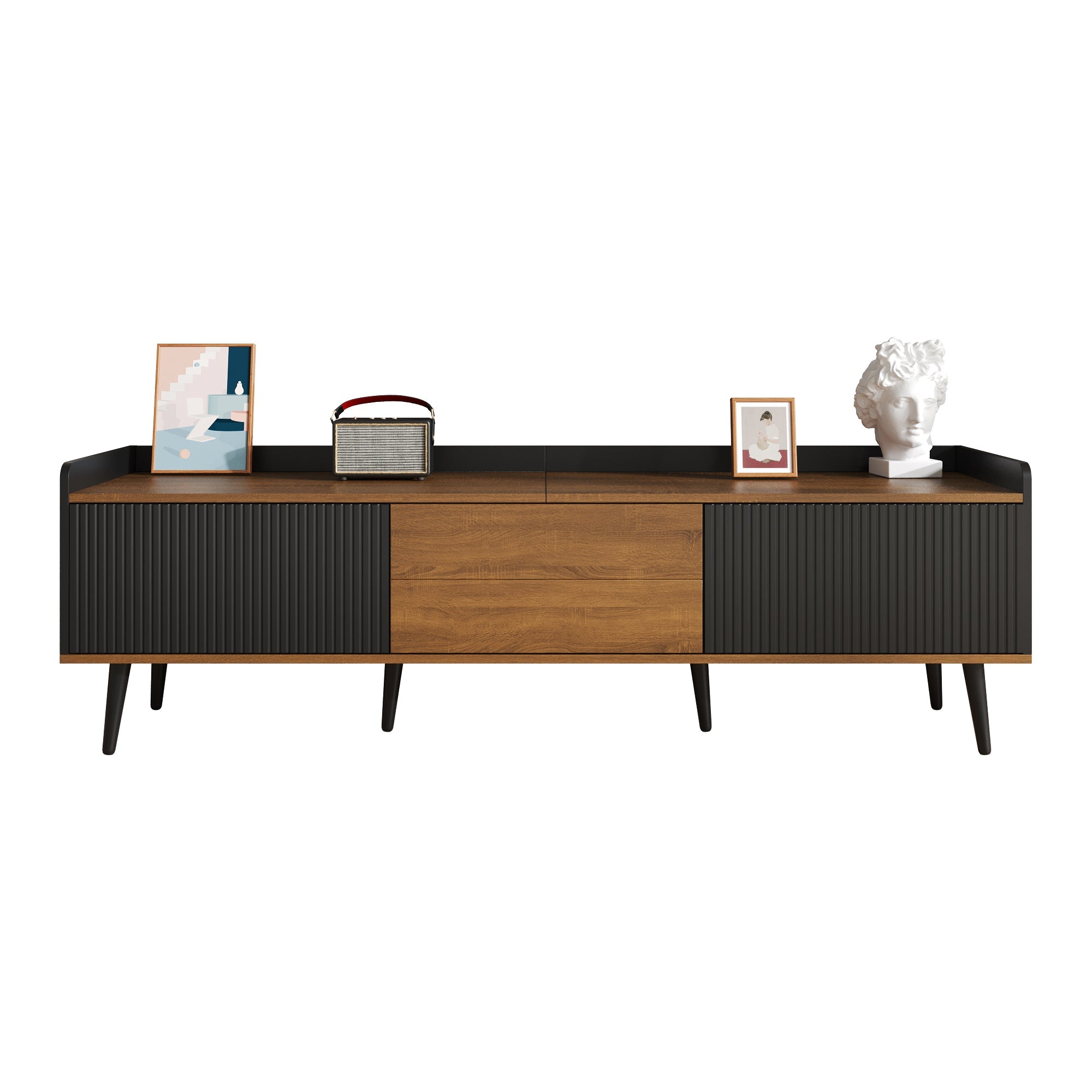 TV Cabinet Three-Door Base Cabinet, Compact Design, Black and Natural Wood