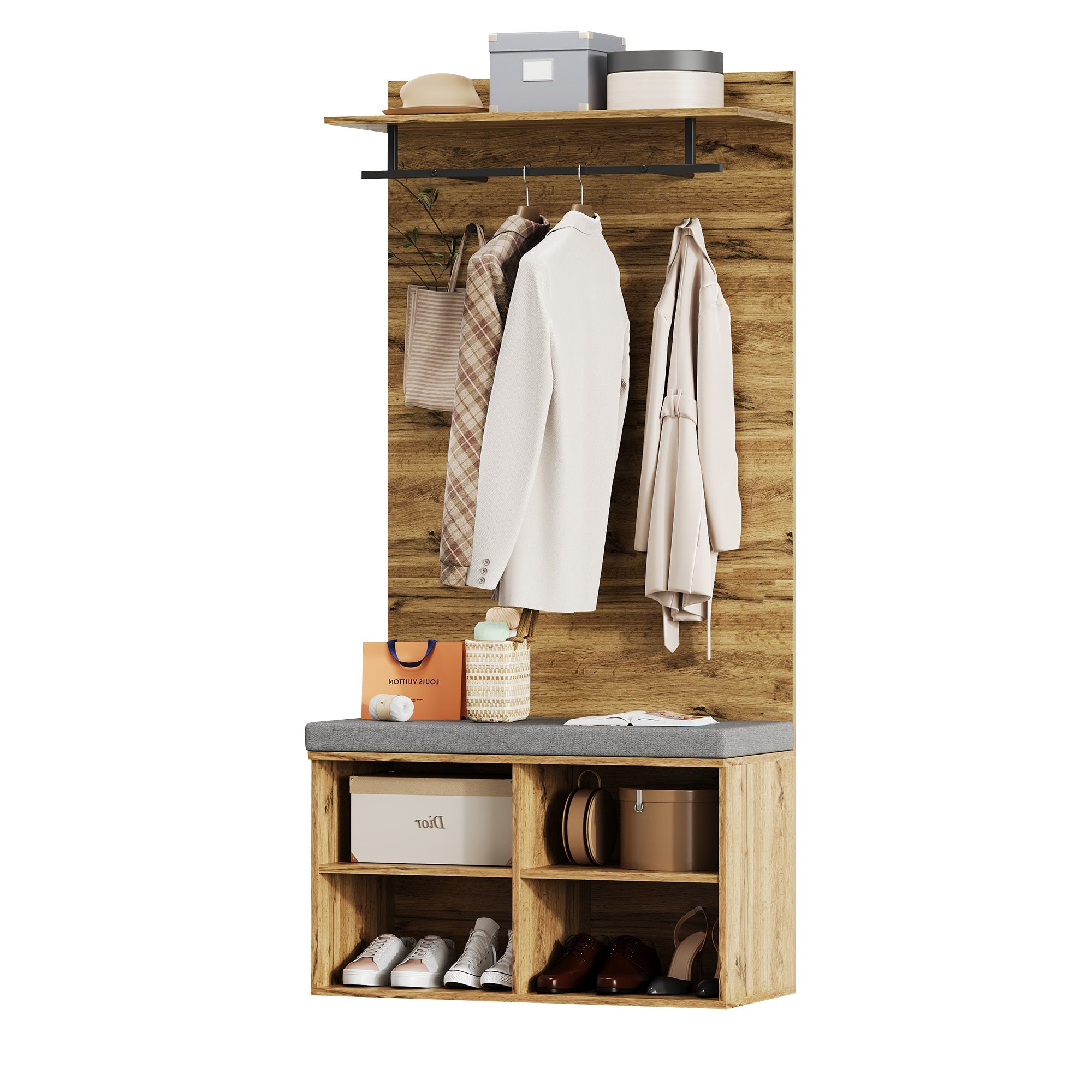 Wardrobe Set with Shoe Bench, Adjustable Shelf & Clothes Rail, 175cm High, Wood Look