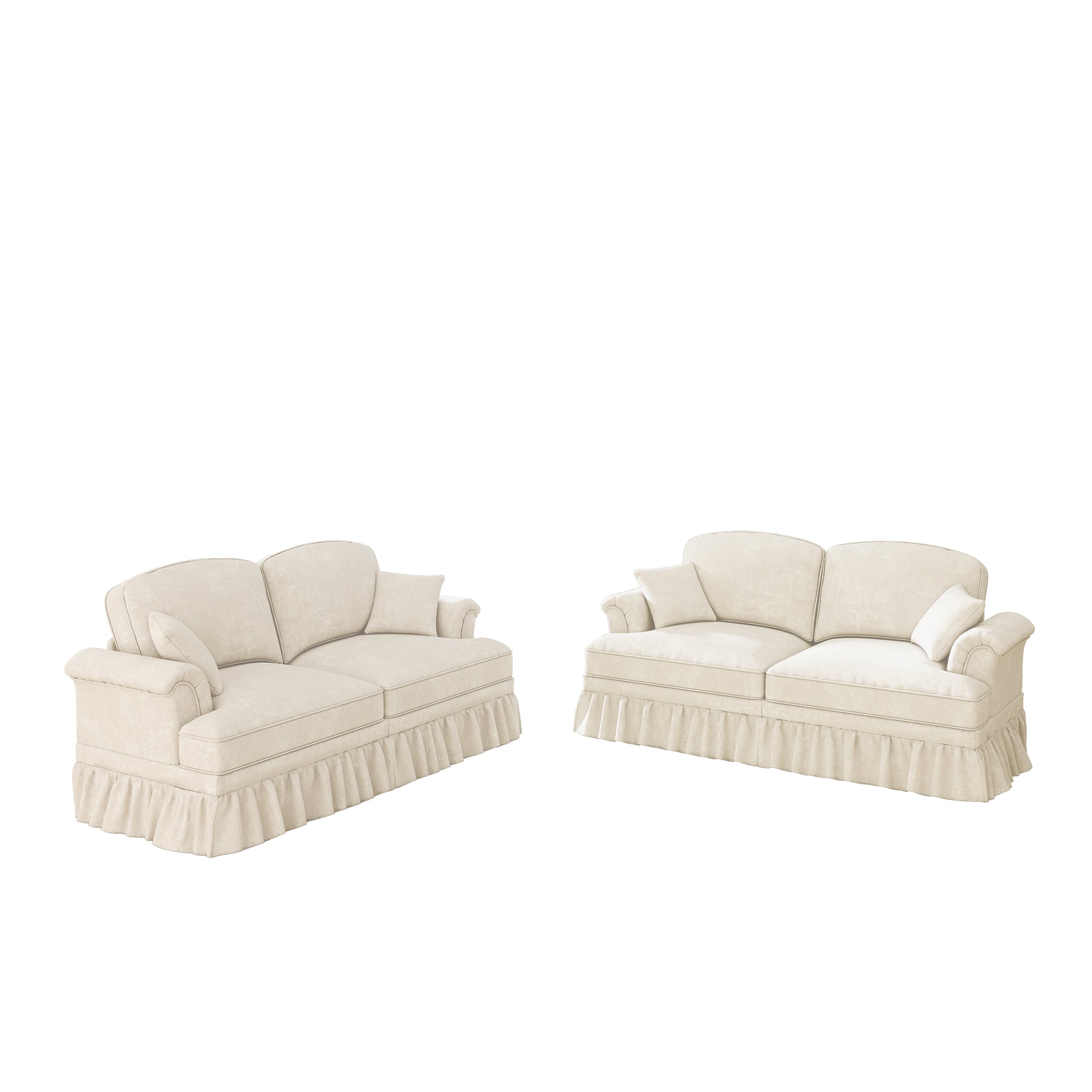 L-Shaped 2-Seater Sofa Mid-Century Chenille Movable Ottoman - White