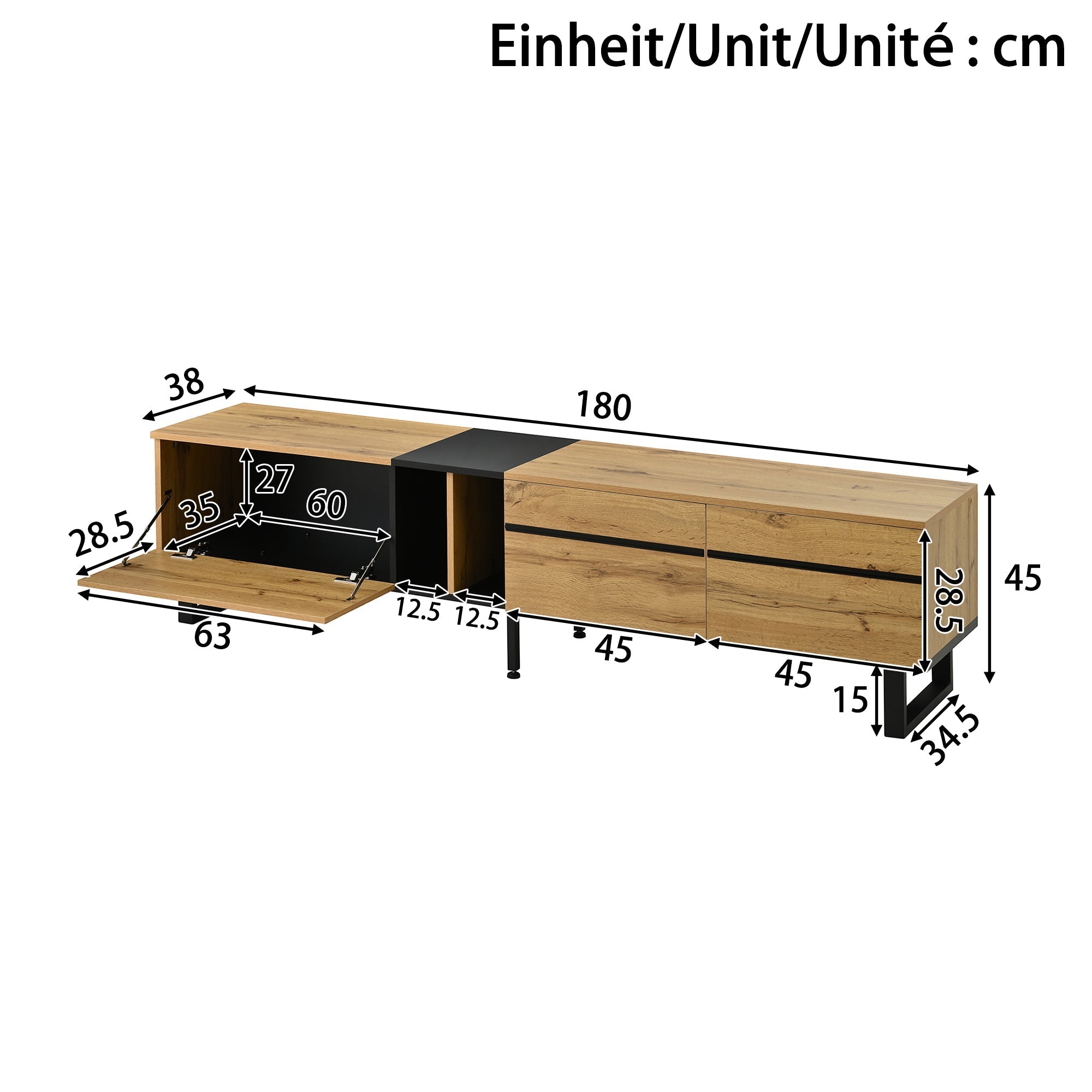Modern TV Lowboard 180cm Drop-Down Open Shelves Double Doors