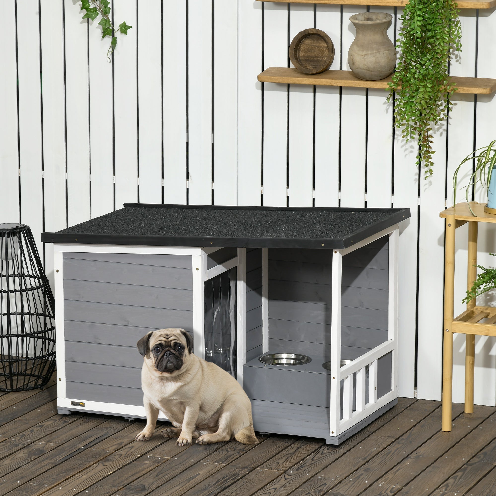 Dog House with Terrace, Fir Wood, Weather-Resistant, 2 Bowls, Asphalt Roof, Grey