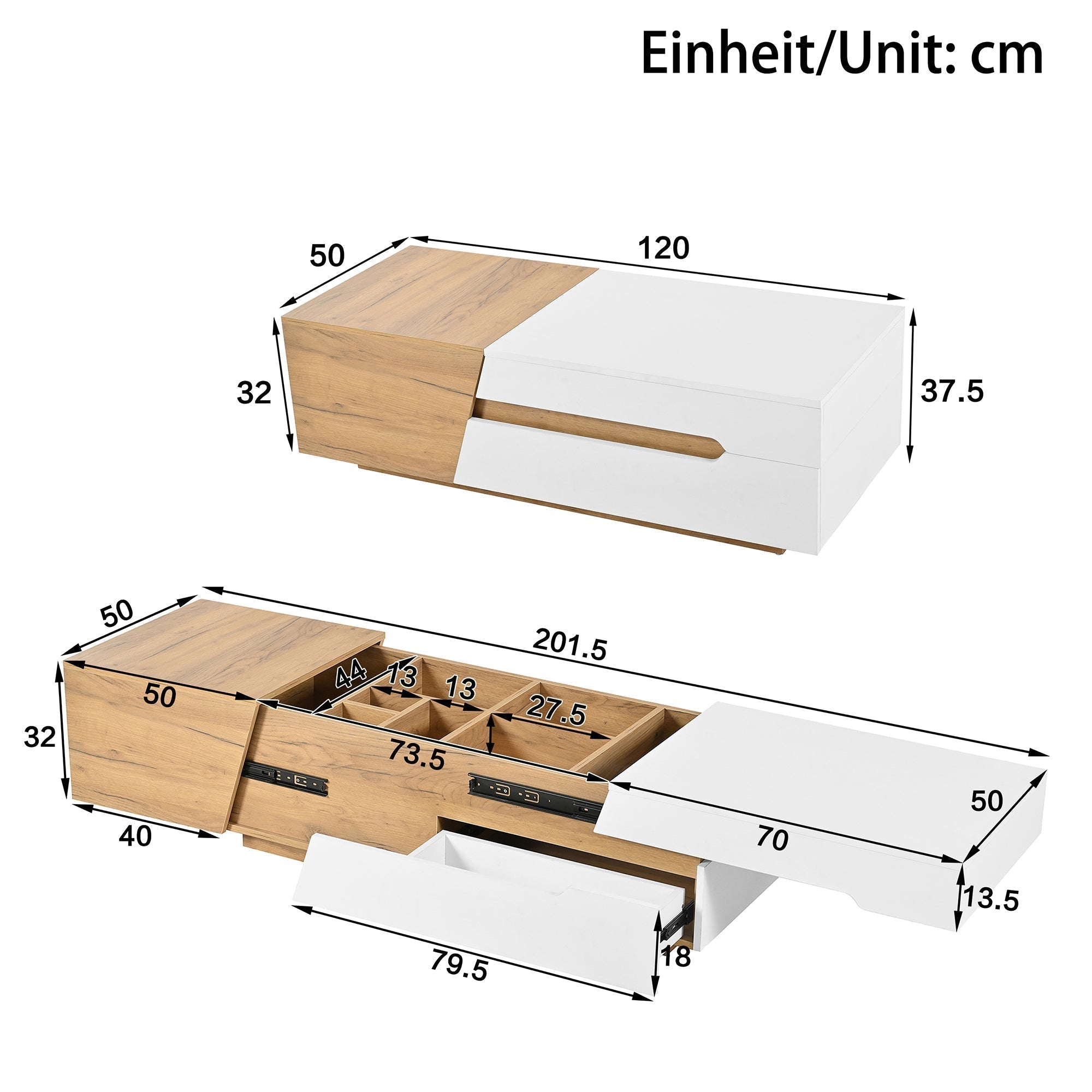 Extendable Coffee Table, Living Room Side Table with Drawers, Color Block Structure