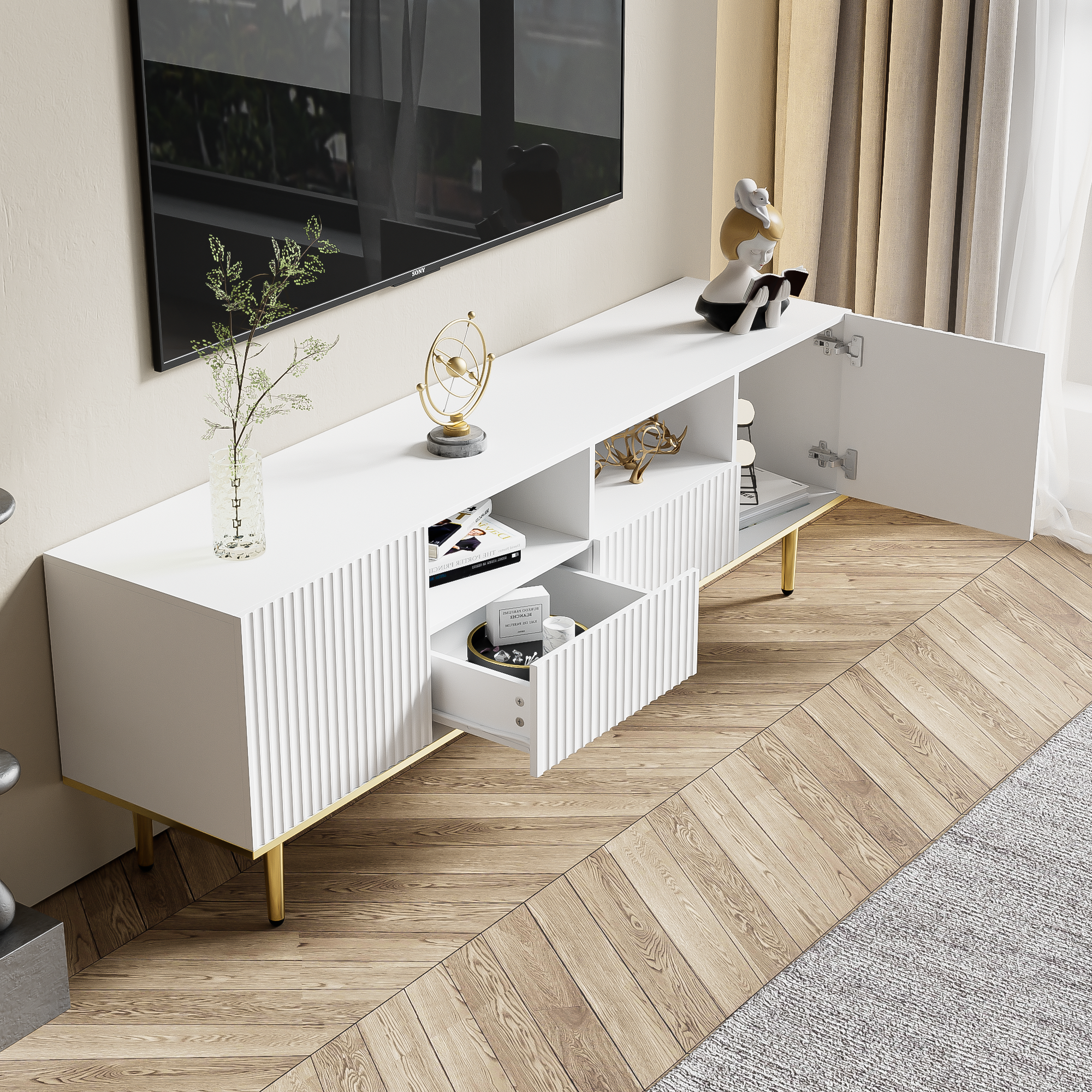 TV Cabinet, Modern with Gold Legs and Trim, Gold