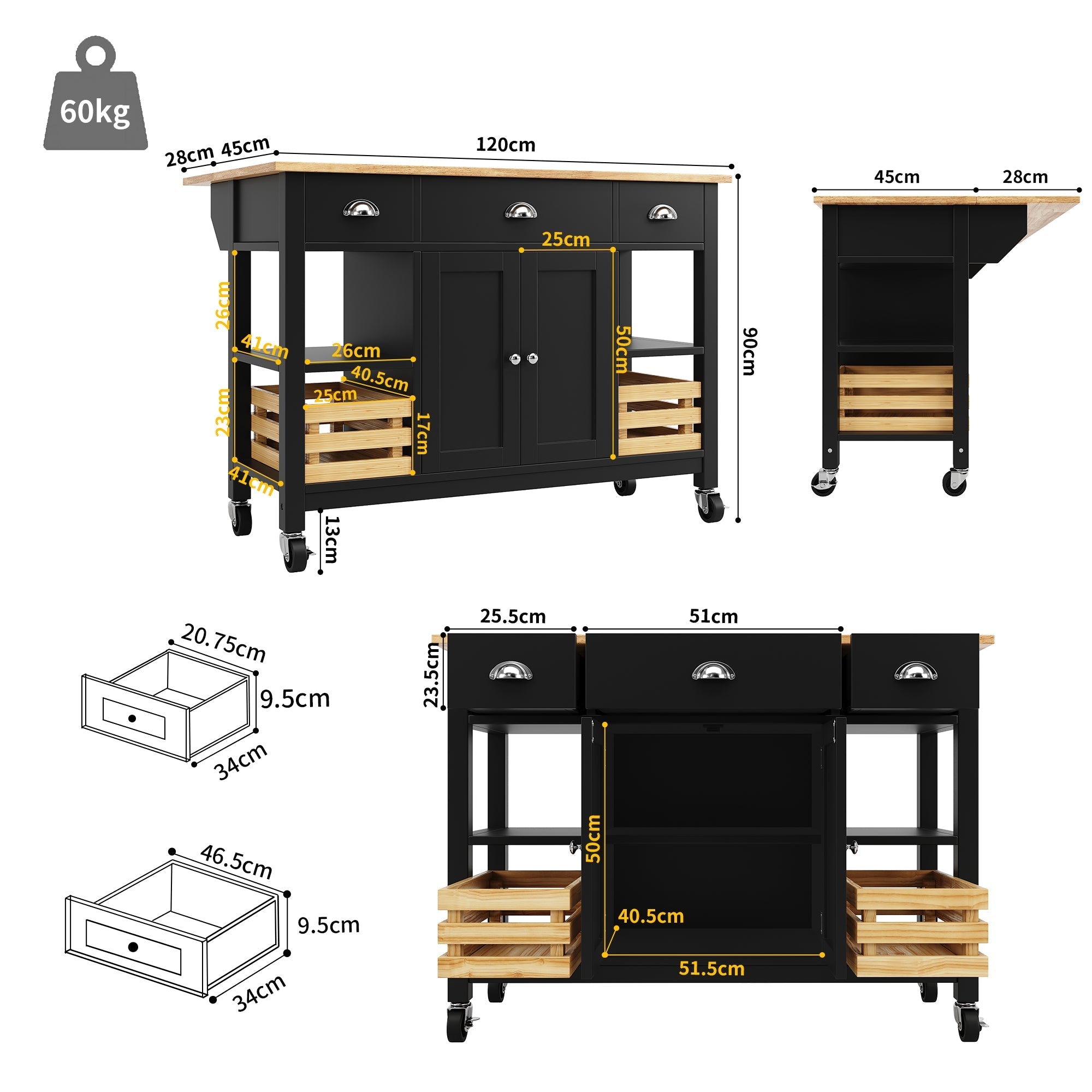 Rolling Kitchen Island Storage Trolley with Large Cabinet, 3 Drawers, Spice Rack, Adjustable Shelf, Dining Room Organiser Sideboard Cupboard Cabinet Cart, Black
