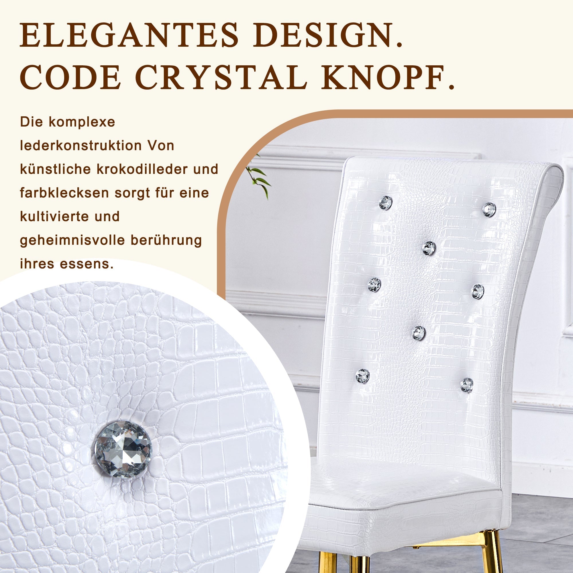 Set of 2 Dining Chairs Retro Alligator-Skin Crystal Buckle Gold Legs - Faux Leather