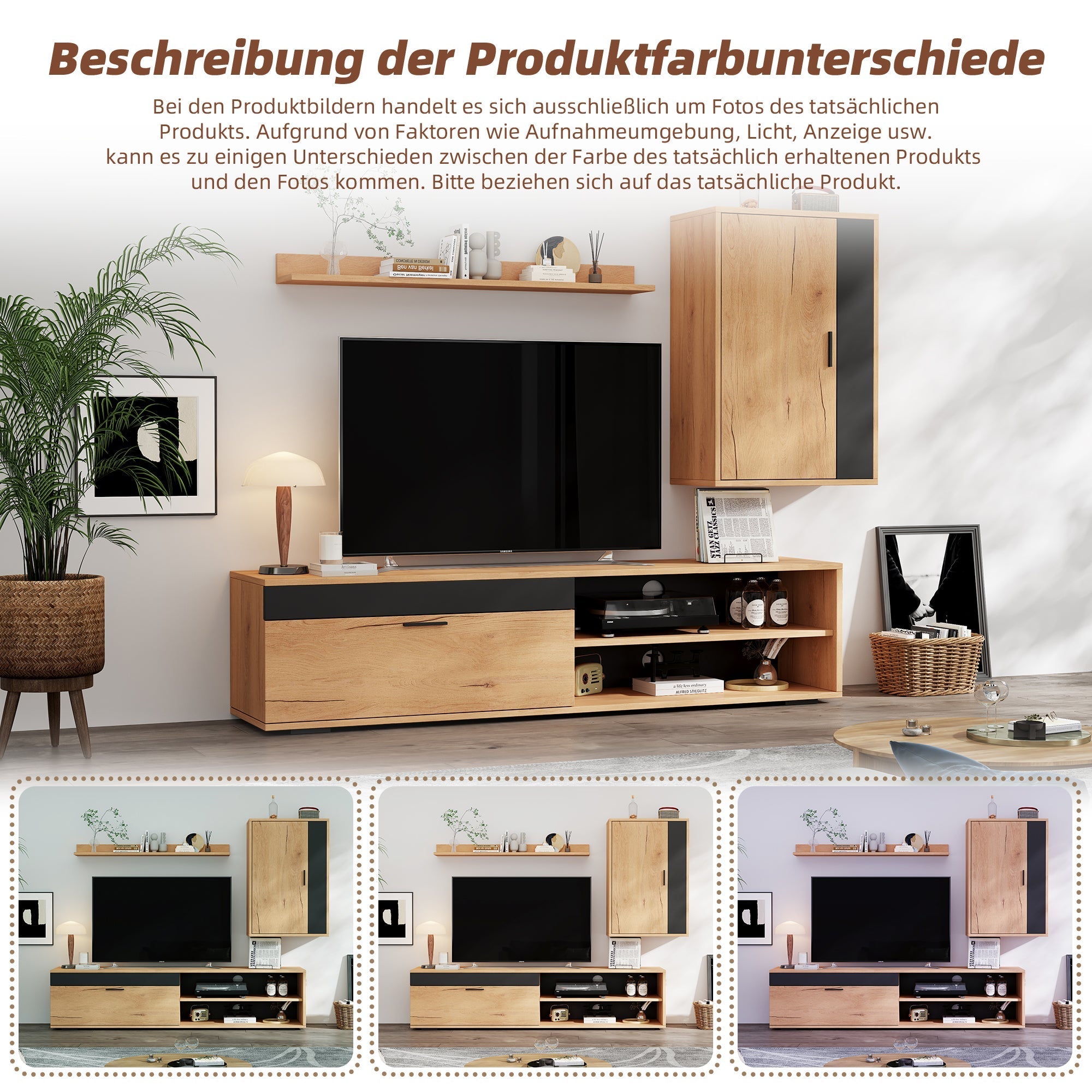 TV Wall Unit Set, 3-Piece Media & Storage, Wood + Black
