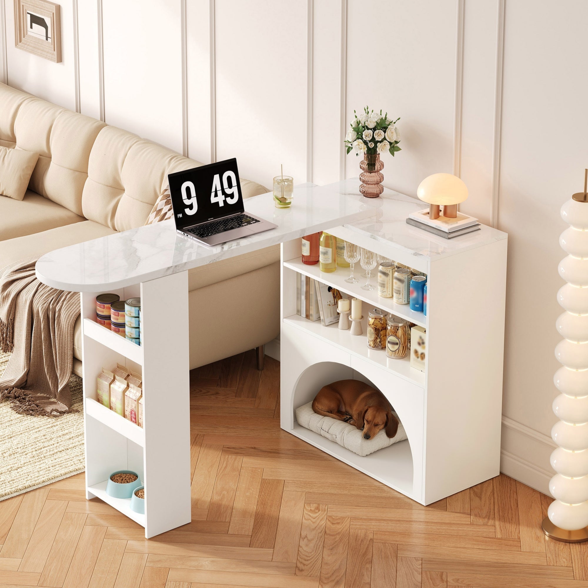Extendable Table, Rotating High with Pet Area, White Marble Effect
