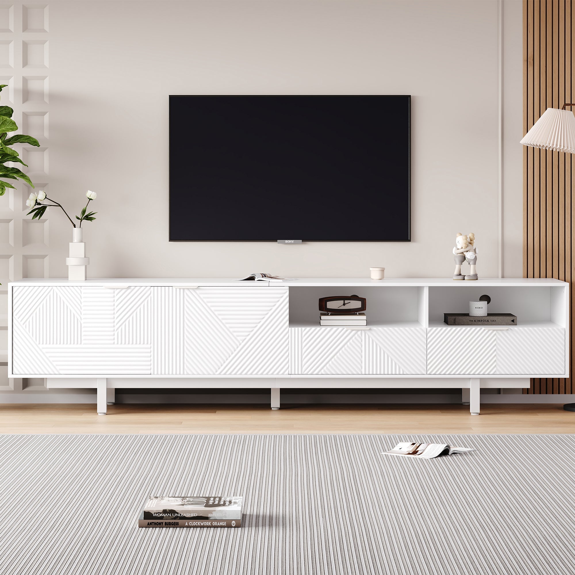 TV Cabinet, Modern Bohemian Abstract Geometric Lines, White, 200x40x51cm for 90-inch TVs