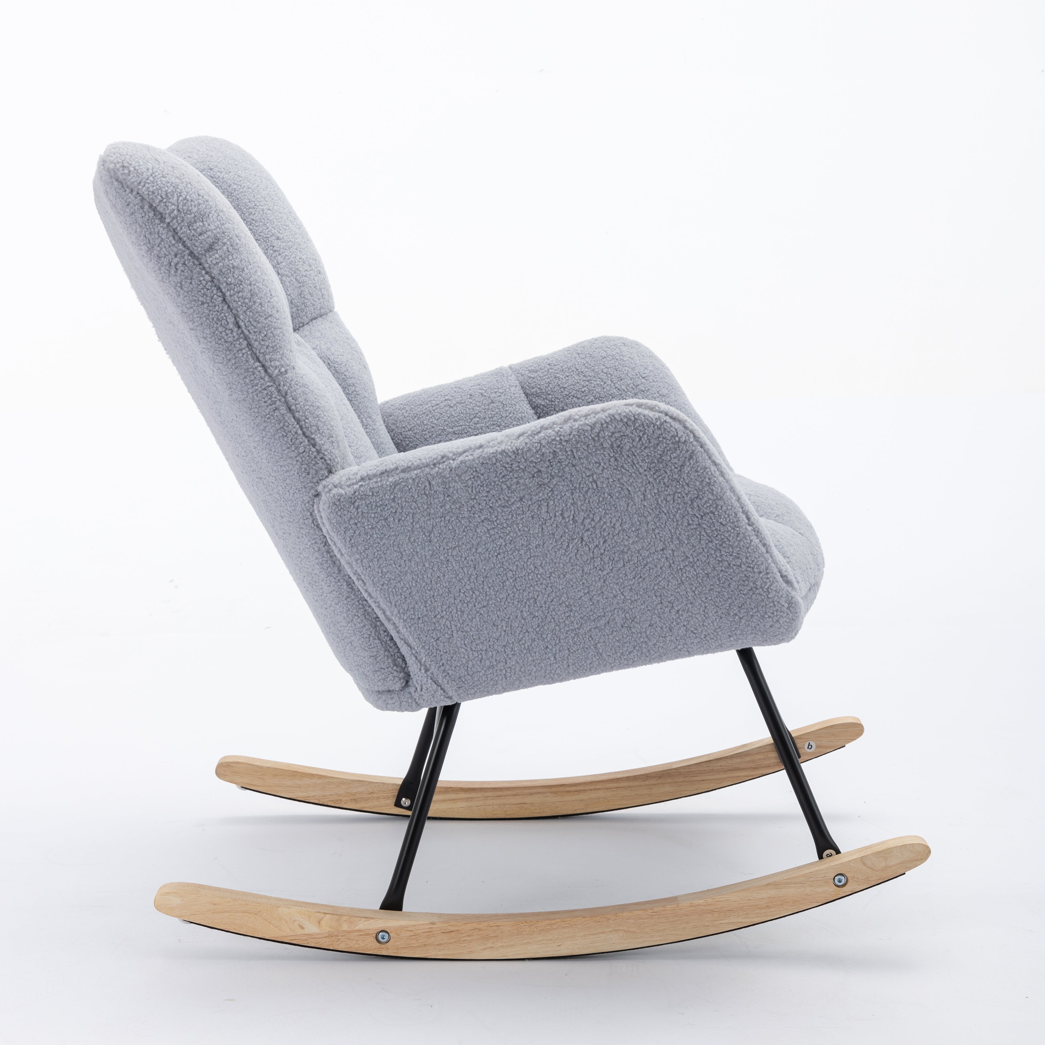 Mid century modern rocking chair with tufted cover and padded seat, light grey