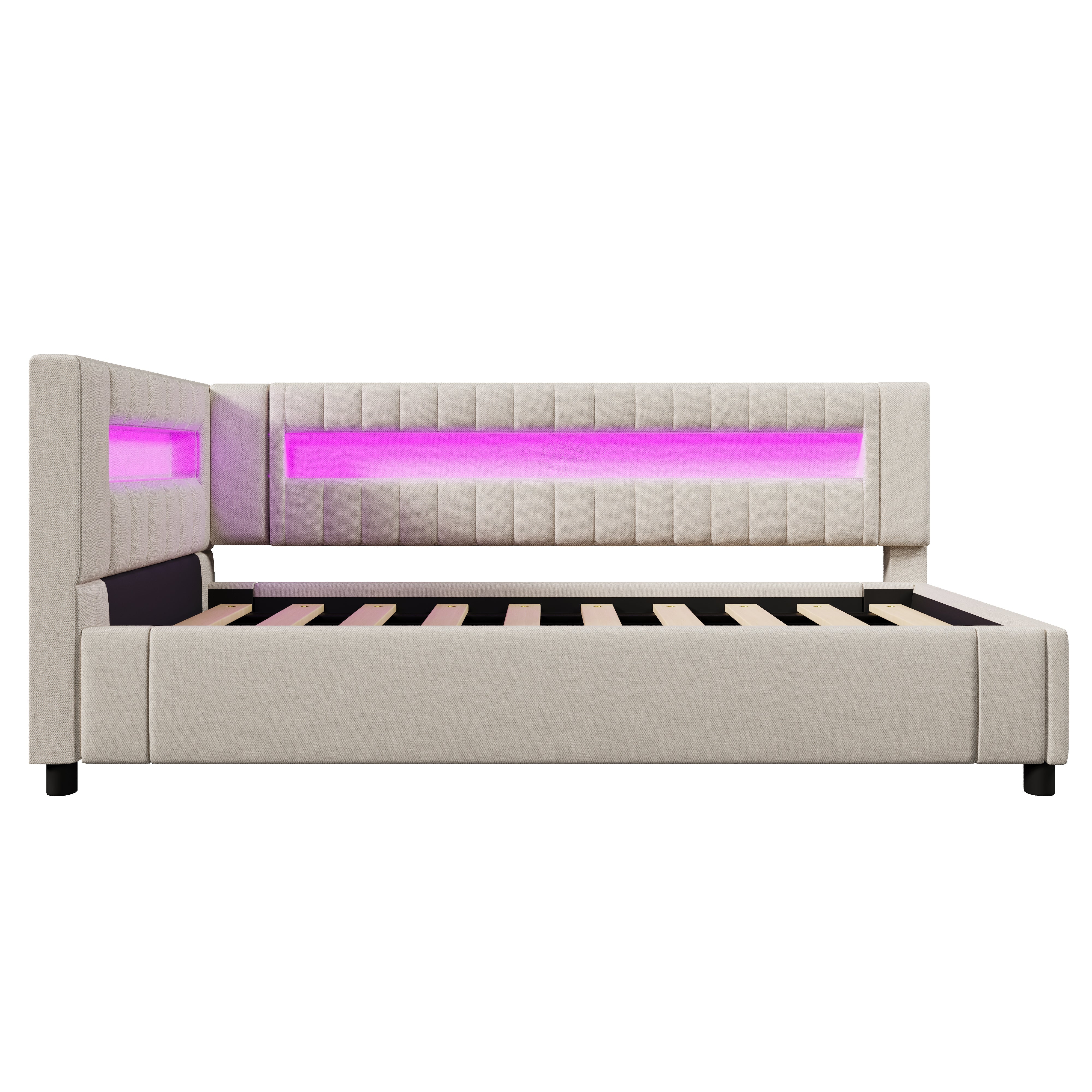 Daybed Sofa Bed 90x200cm Hydraulic Storage LED USB/Type-C - Linen Beige