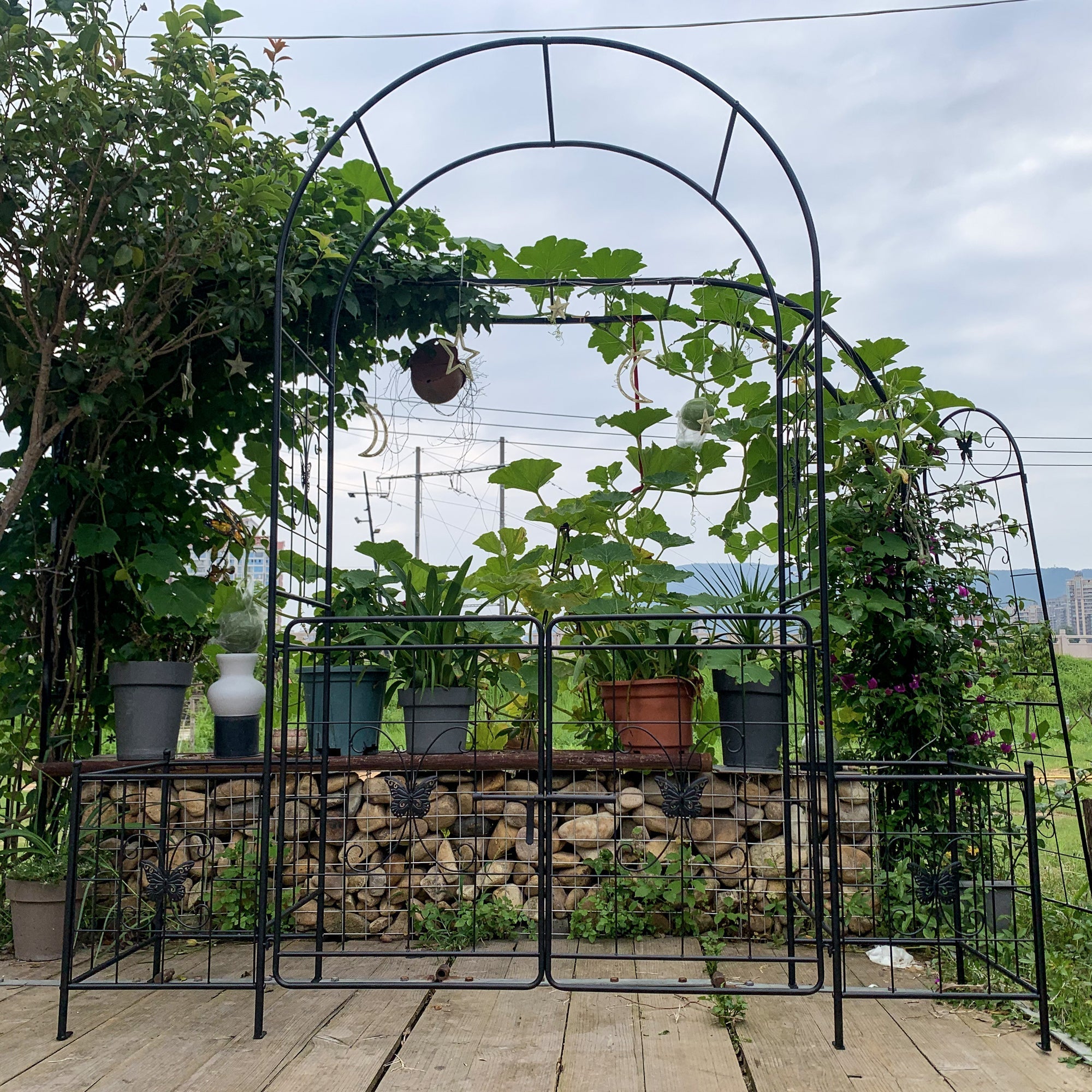 Garden Arch Arbor Trellis with Gate, Durable Metal, 7.15 Feet, Black