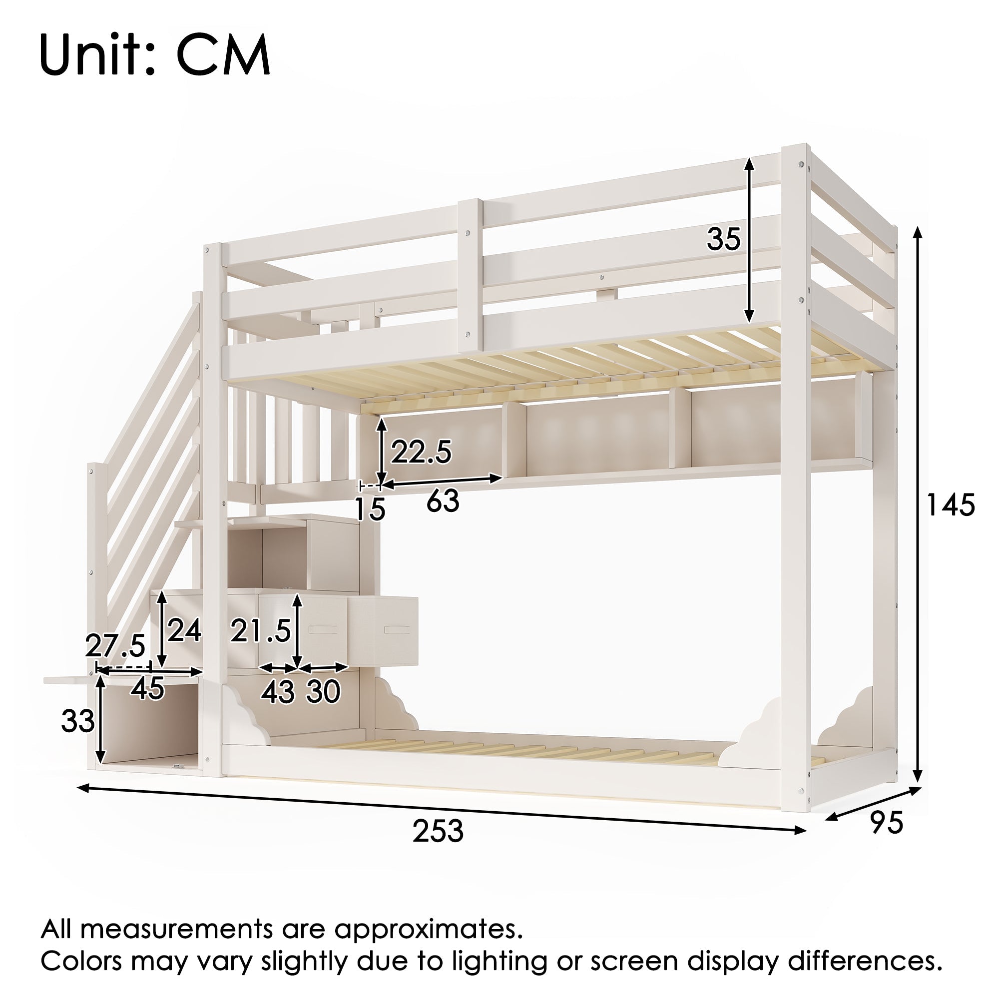 Bunk Bed 90x200cm with Staircase Storage & Safety Railing - White Wood