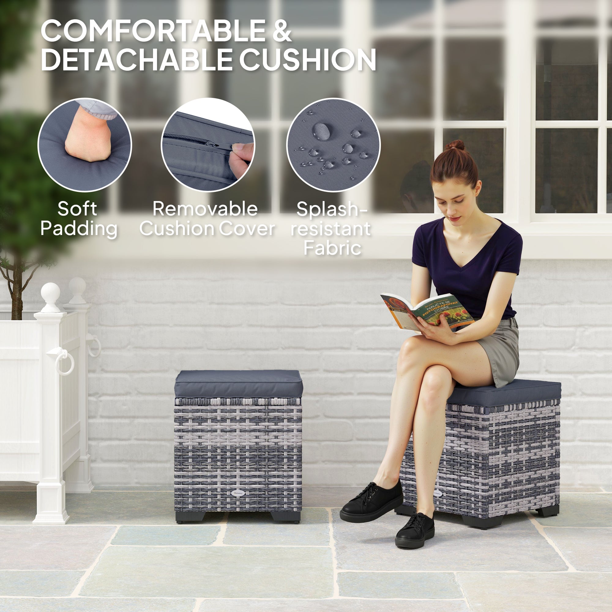 Set of 2 Rattan Storage Ottoman, Outdoor Footstool with Removable Cushions, Dark Grey