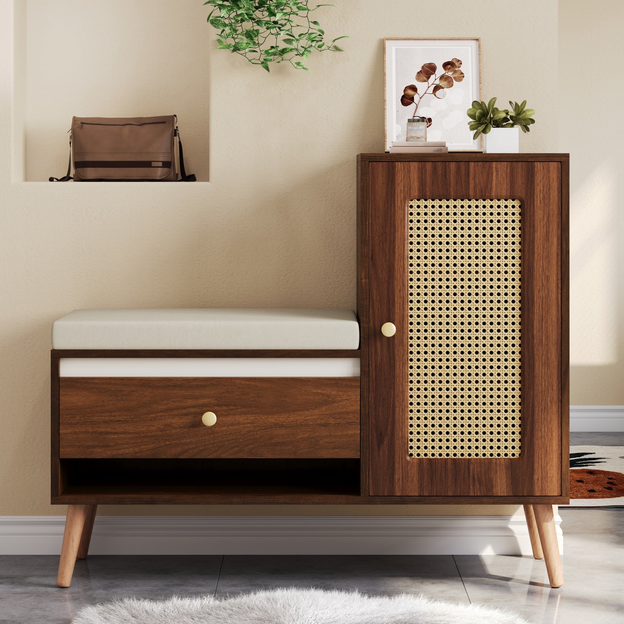 Rattan Hall Bench with Shoe Storage, Drawers and Seat Cushion, Oak and Rattan