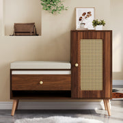 Rattan Hall Bench with Shoe Storage, Drawers and Seat Cushion, Oak and Rattan