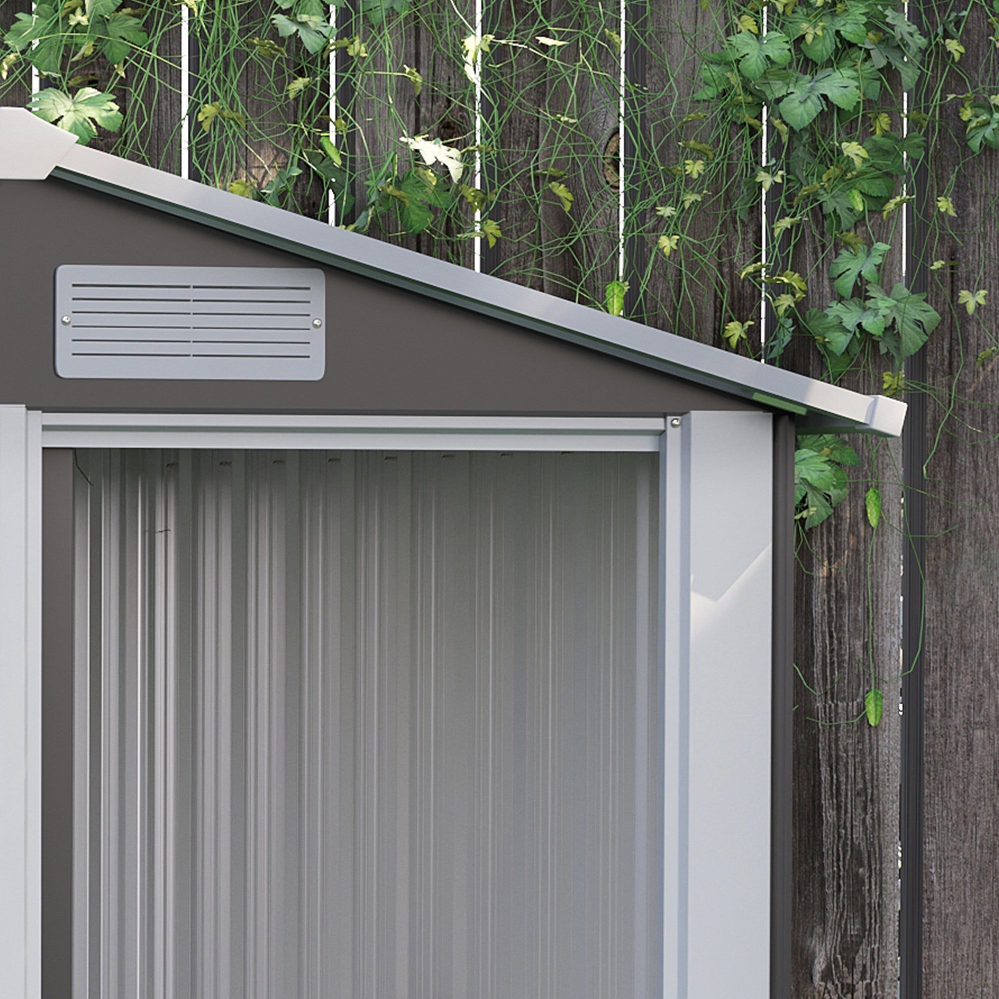 Garden Metal Tool Storage Shed with Sliding Door, Sloped Roof and Foundation Kit, Grey