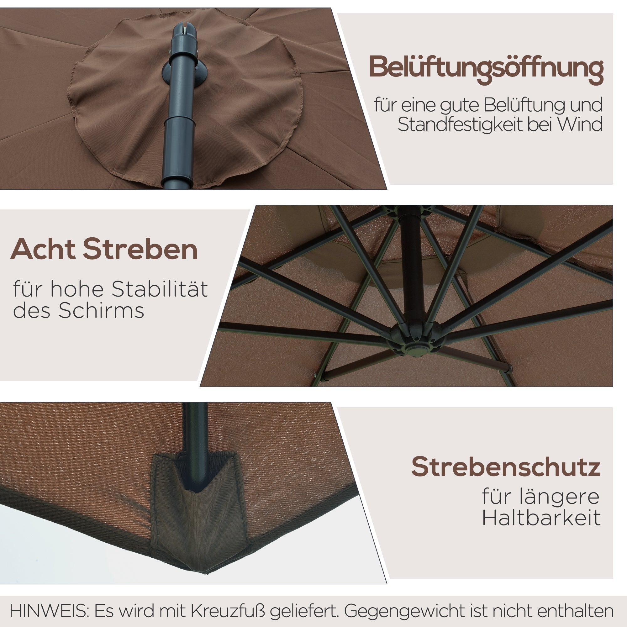 Cantilever Parasol, Sunshade Ø3x2.5m with Crank, Steel Frame, Coffee Polyester Fabric