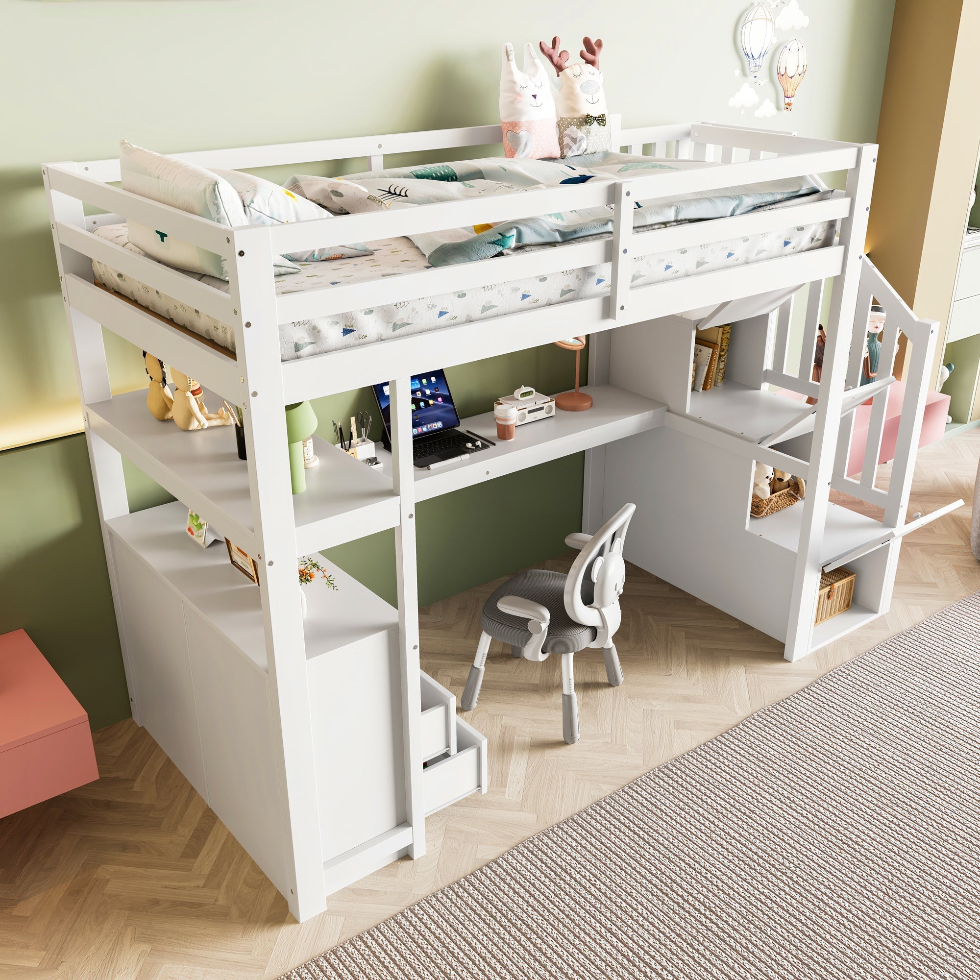 Loft Bed with Integrated Desk and Storage Ladder, 90x200cm, White