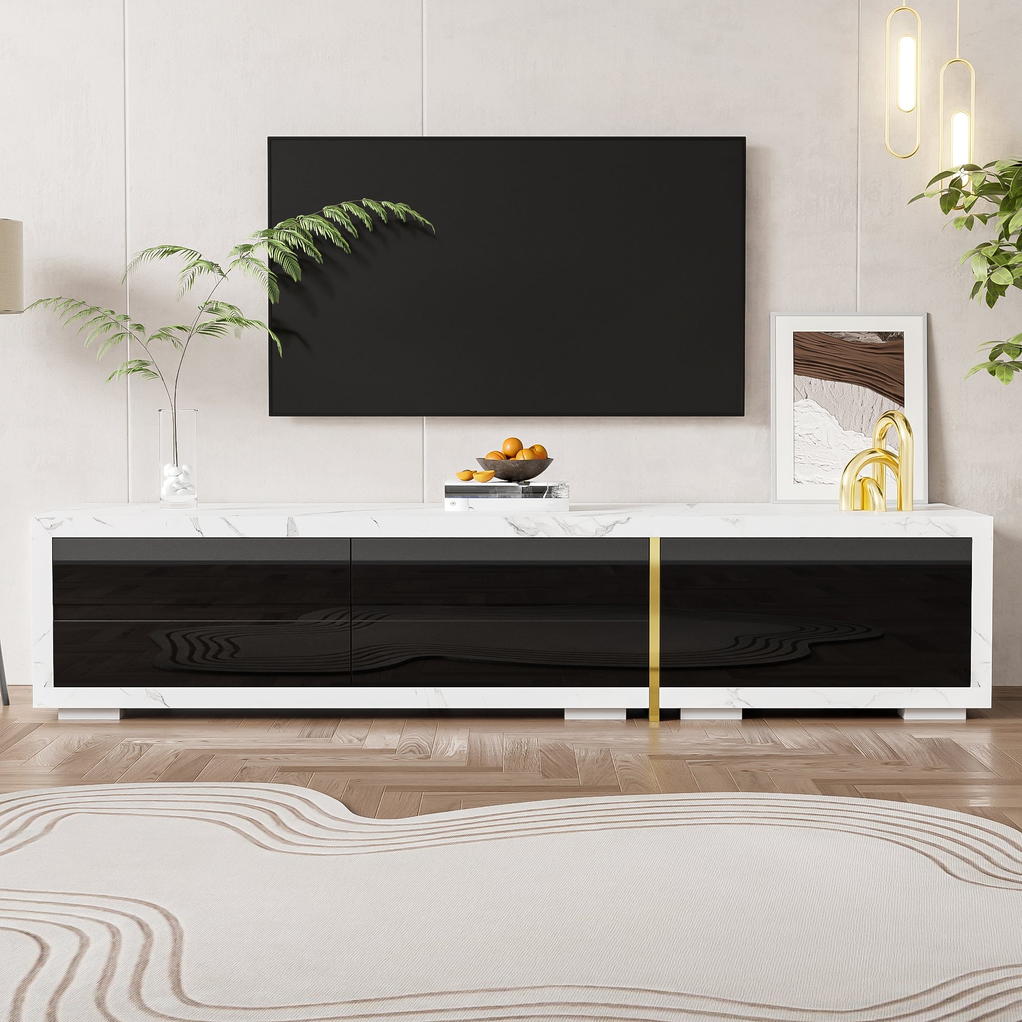 Modern TV Cabinet, Variable Length (140-260 cm) with Rotating Function, White Marble Look & Black High-Gloss Finish