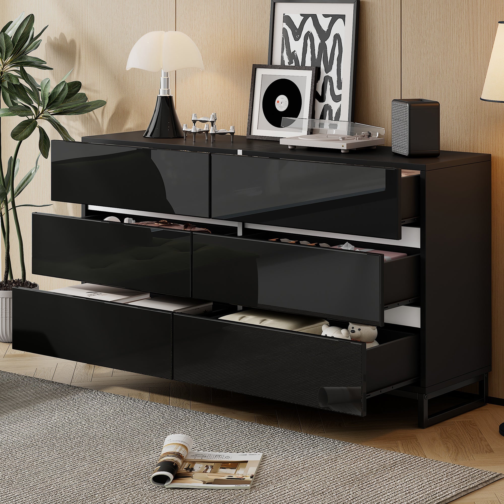 Living Room Sideboard, High-Gloss 6-Drawer Cabinet with Metal Legs, White+Black
