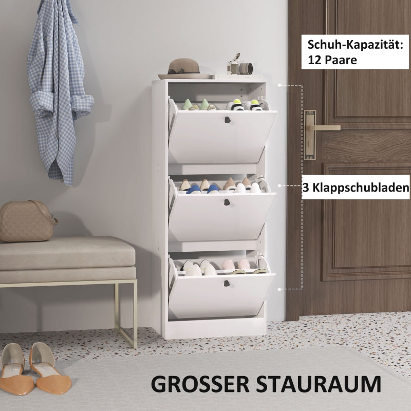 Schuhschrank mit 3 Klappen, verstellbarer Einlegeboden, 12 Paar, Weiß