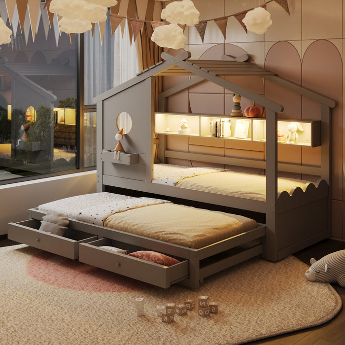 Children's Bed with Pull-out Bed, House Design, Two Drawers, LED and USB, 90x200cm, Grey