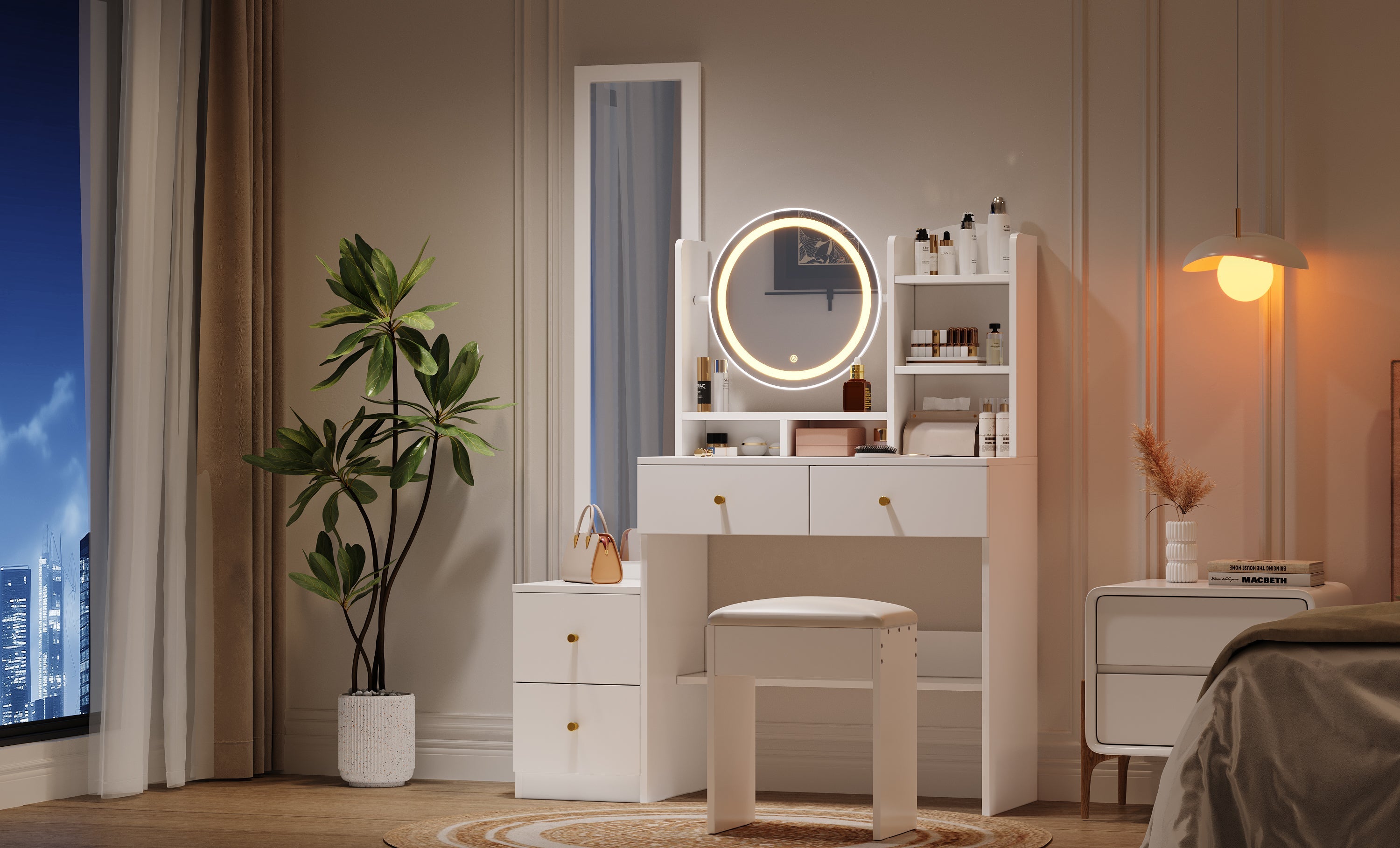 4-in-1 shoe cabinet makeup table with full-length mirror, 3-color led lighting, metal handle, white