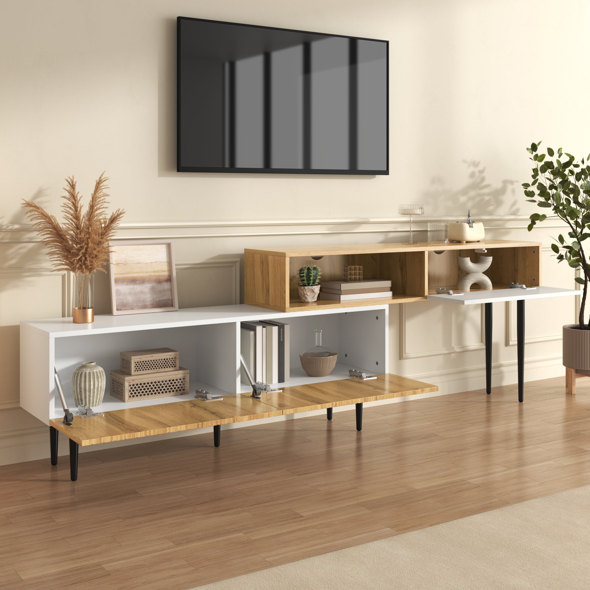 Modern TV Cabinet, adjustable length, modular 2-piece, wood look + matt white, black metal legs
