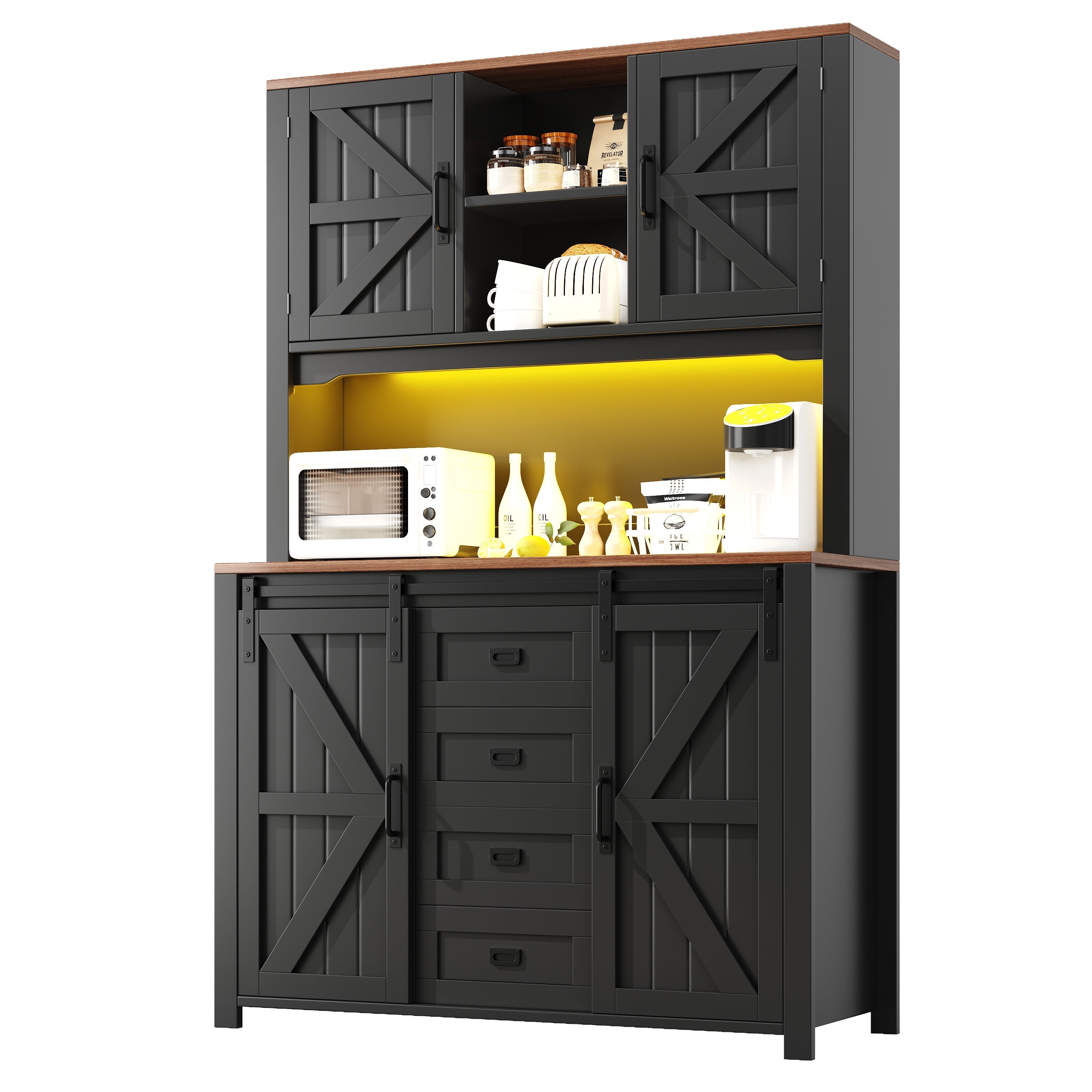 Tall Kitchen Sideboard 115x40x175cm Sliding Doors LED - Black/White