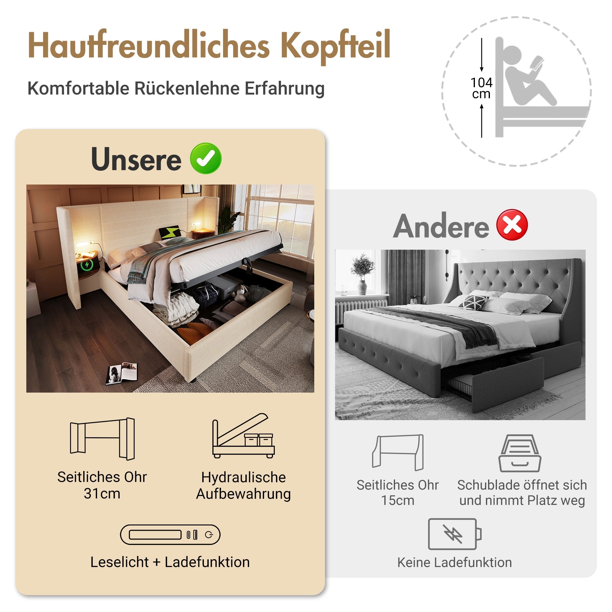 Upholstered Double Bed 180×200 with Bedside Table, Reading Lamp, USB-C, Solid Wood & Metal Frame, Beige-White Corduroy