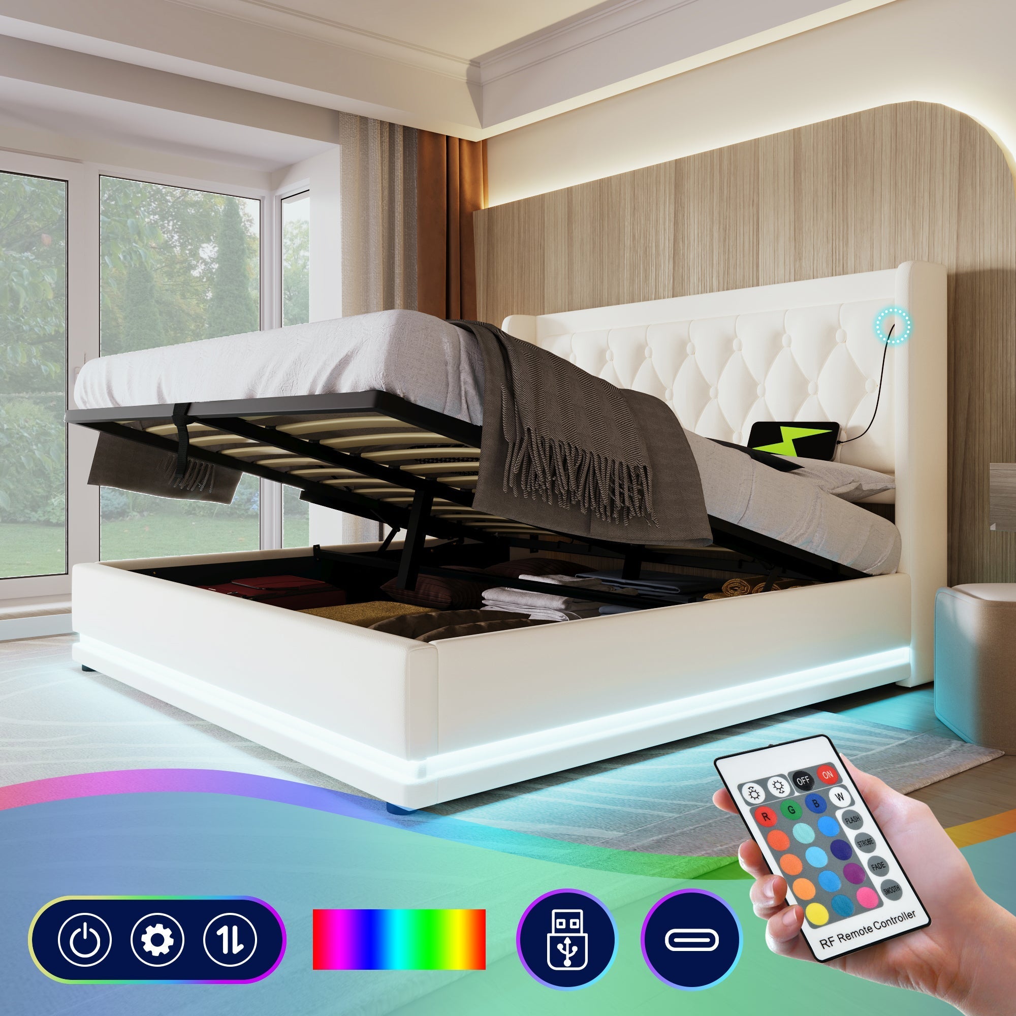 Upholstered Double Bed, 140*200cm Hydraulic Storage with LED & USB, White PU