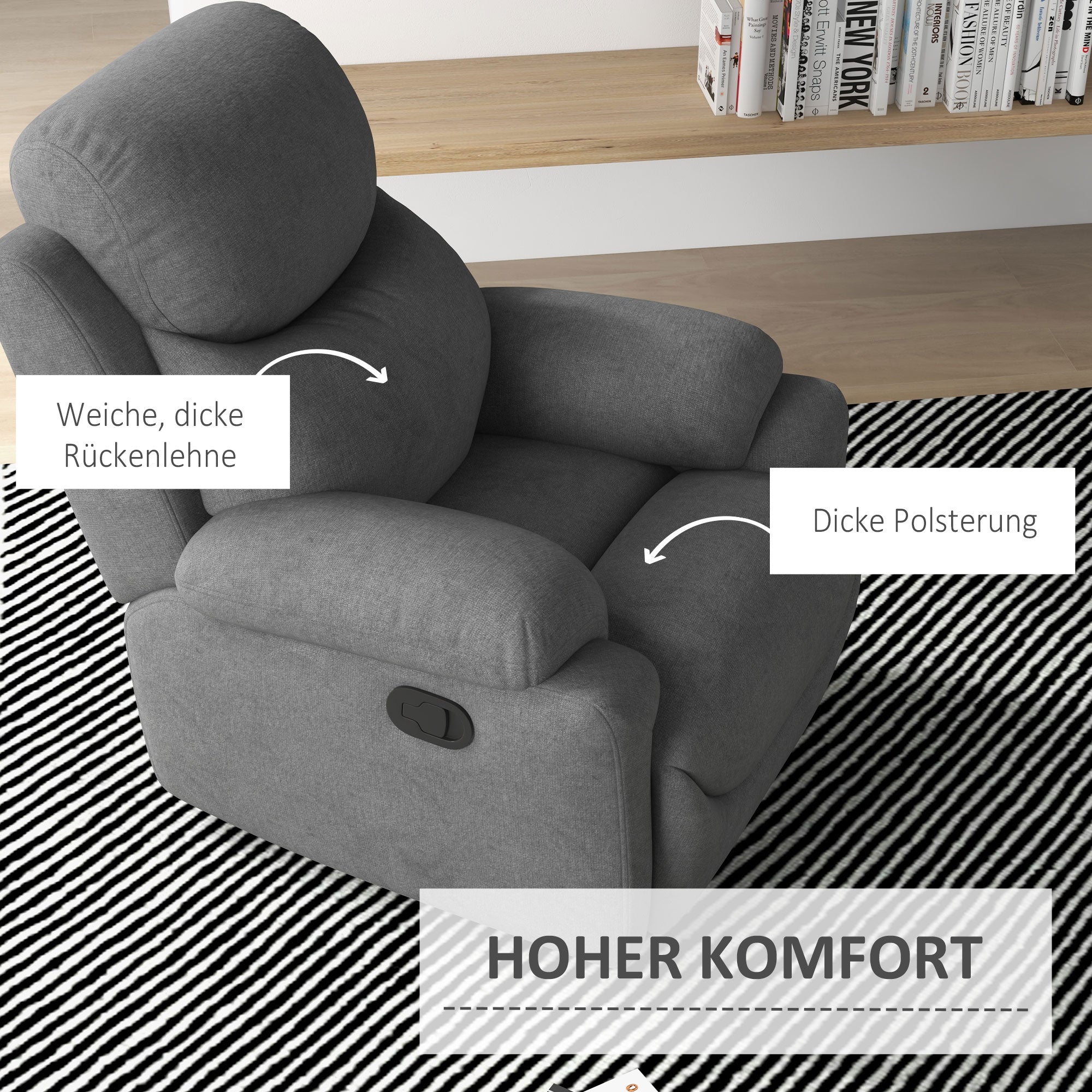 Reclining Armchair, Upholstered Lounge Chair Linen Look, Grey
