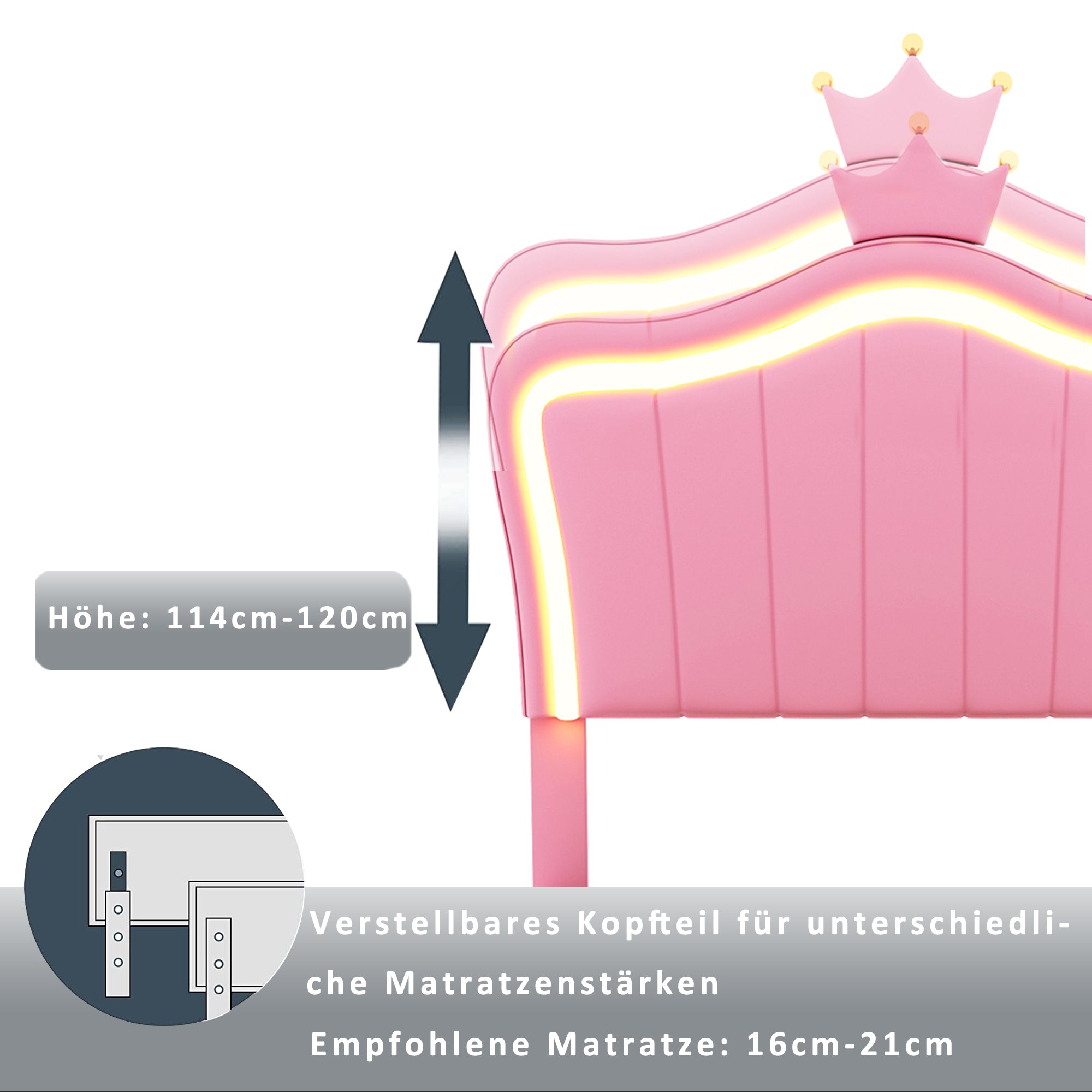 Children's Bed, Crown Design LED Hydraulic Storage, Faux Leather Pink