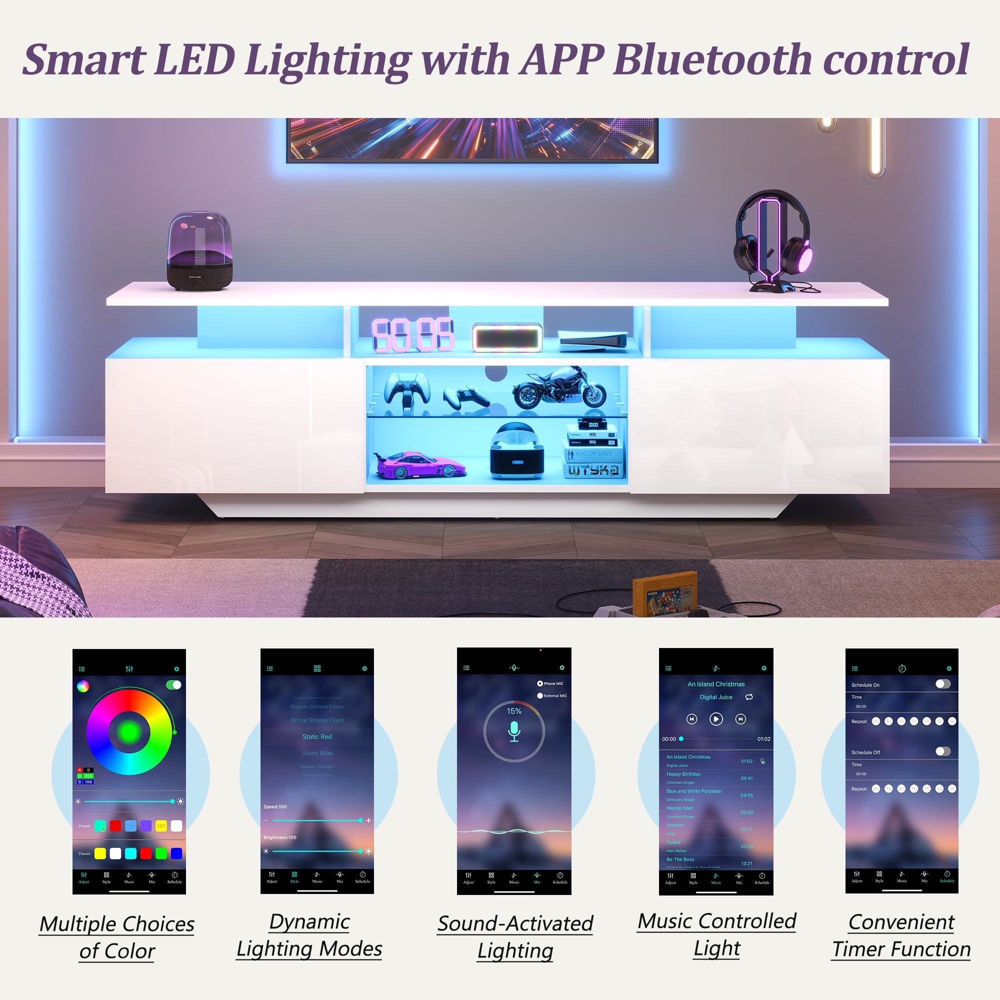 TV Cabinet 160x45cm High-Gloss LED Light 8 Shelves for 70-Inch TV, MDF